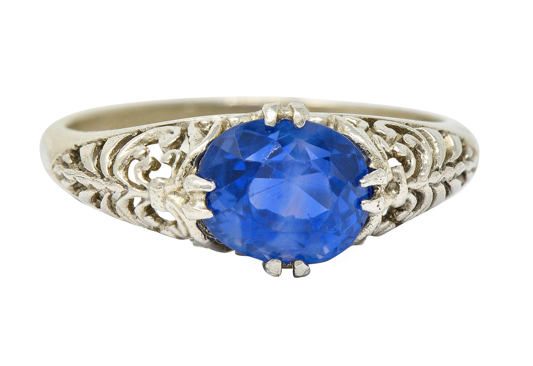 Art Deco 1.90 CTW Sapphire 14 Karat White Gold Scrolled Foliate RingRing - Wilson's Estate Jewelry