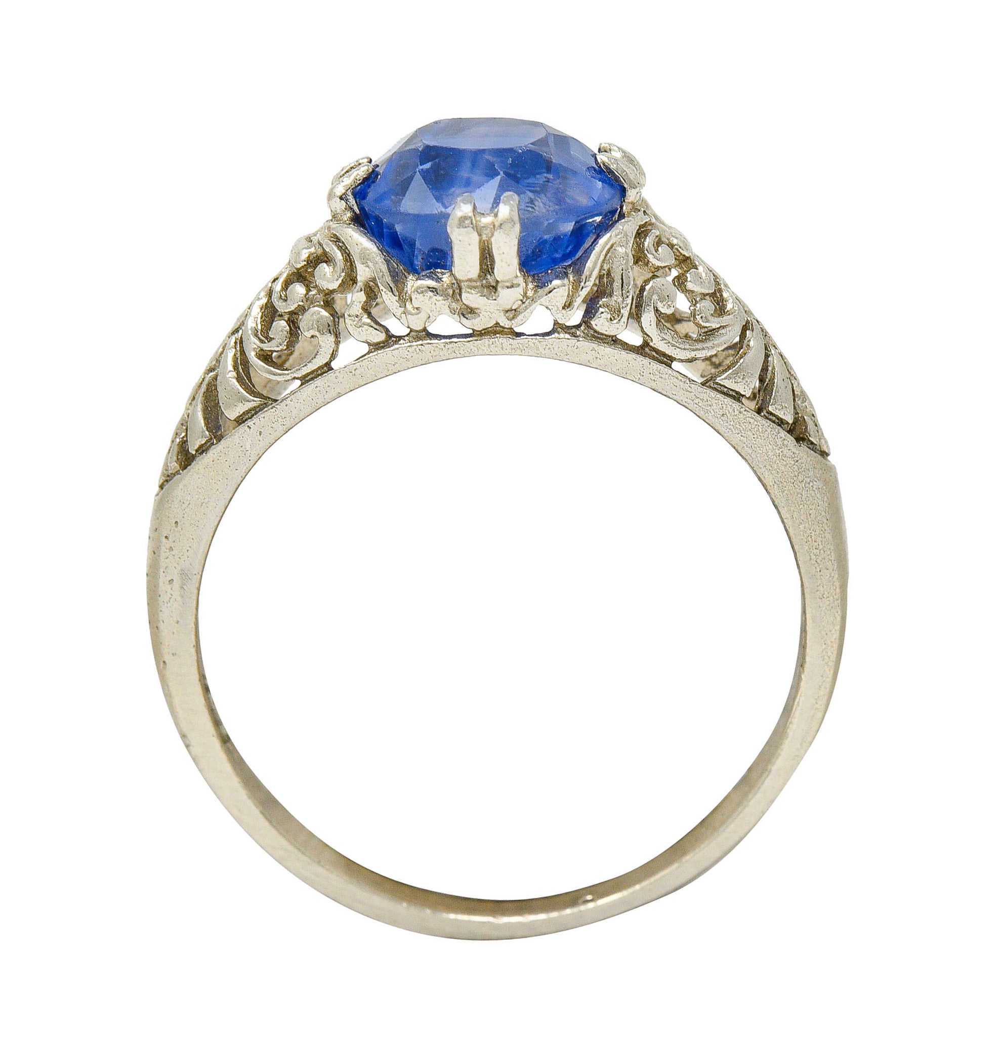 Art Deco 1.90 CTW Sapphire 14 Karat White Gold Scrolled Foliate RingRing - Wilson's Estate Jewelry