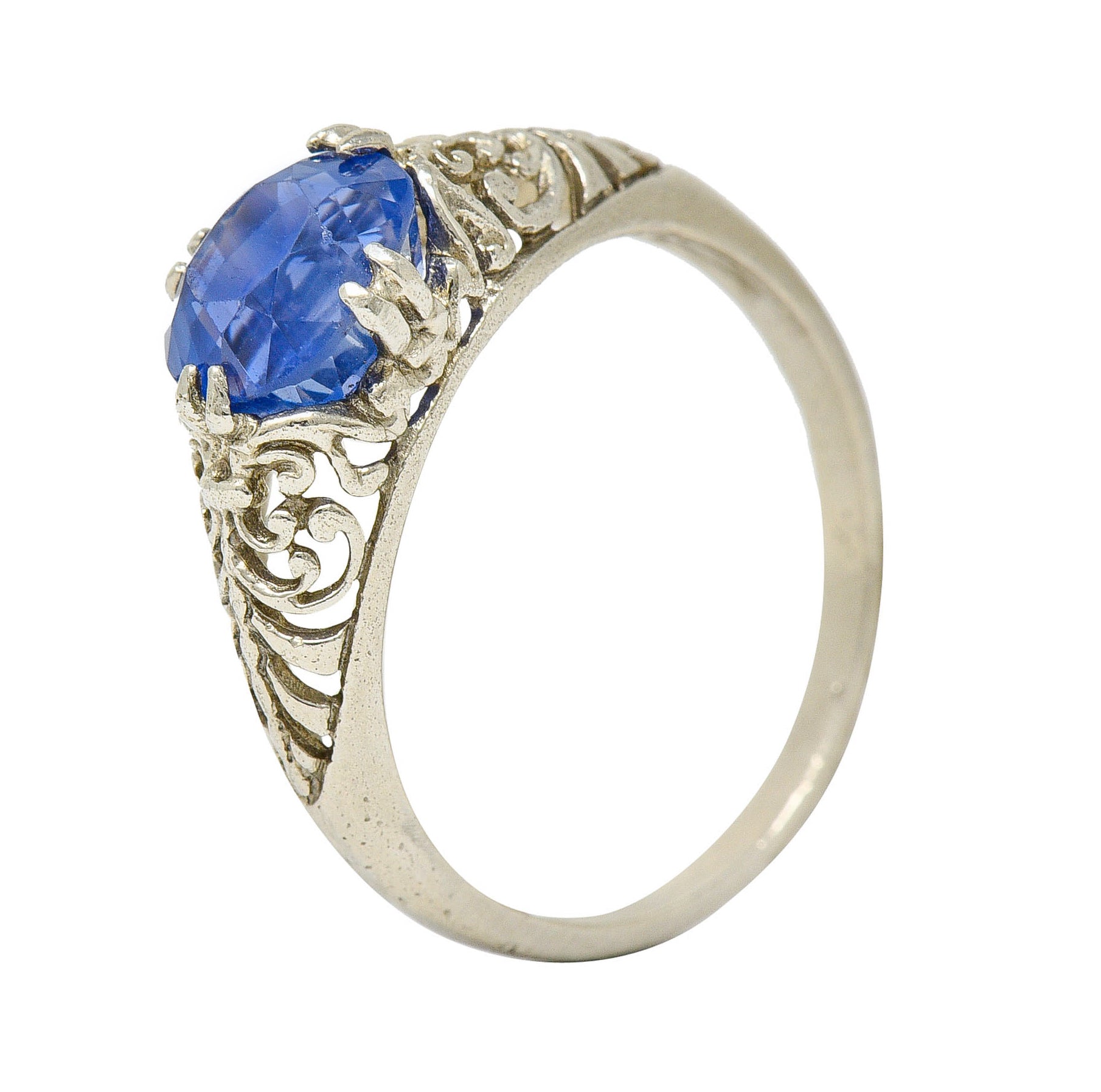 Art Deco 1.90 CTW Sapphire 14 Karat White Gold Scrolled Foliate RingRing - Wilson's Estate Jewelry