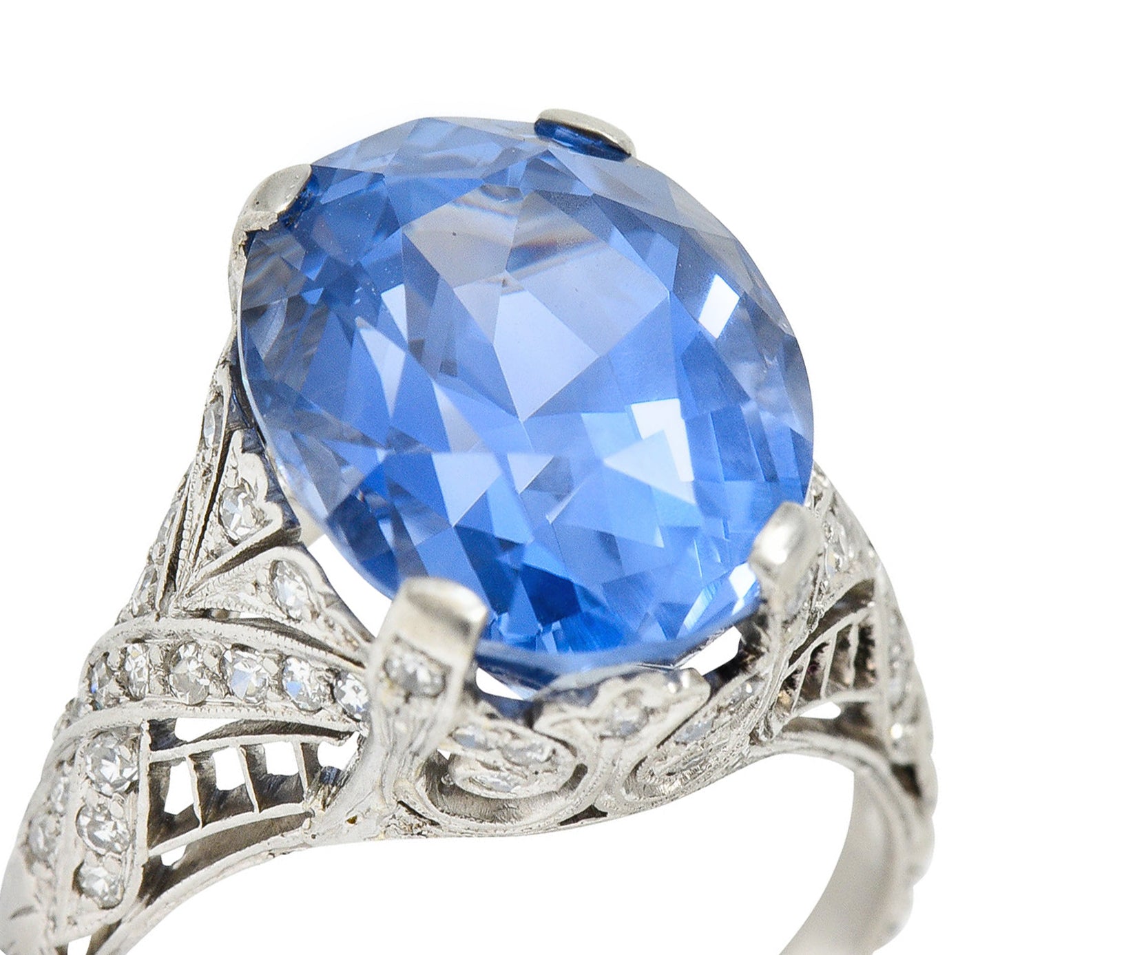 Edwardian 12.02 CTW No Heat Ceylon Sapphire Diamond Platinum Statement Ring GIARing - Wilson's Estate Jewelry