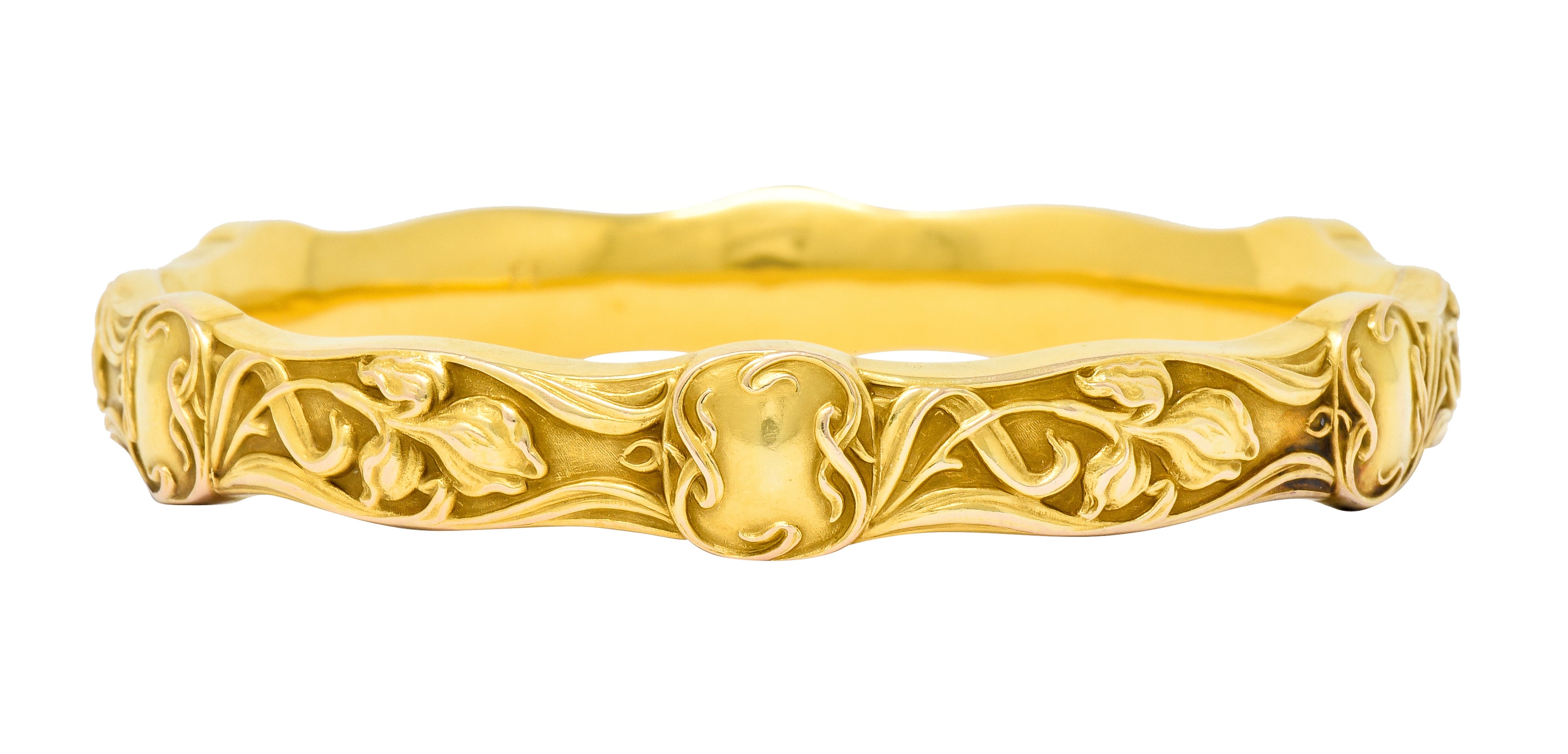 Riker Brothers Art Nouveau 14 Karat Gold Iris Flower Bangle Bracelet - Wilson's Estate Jewelry