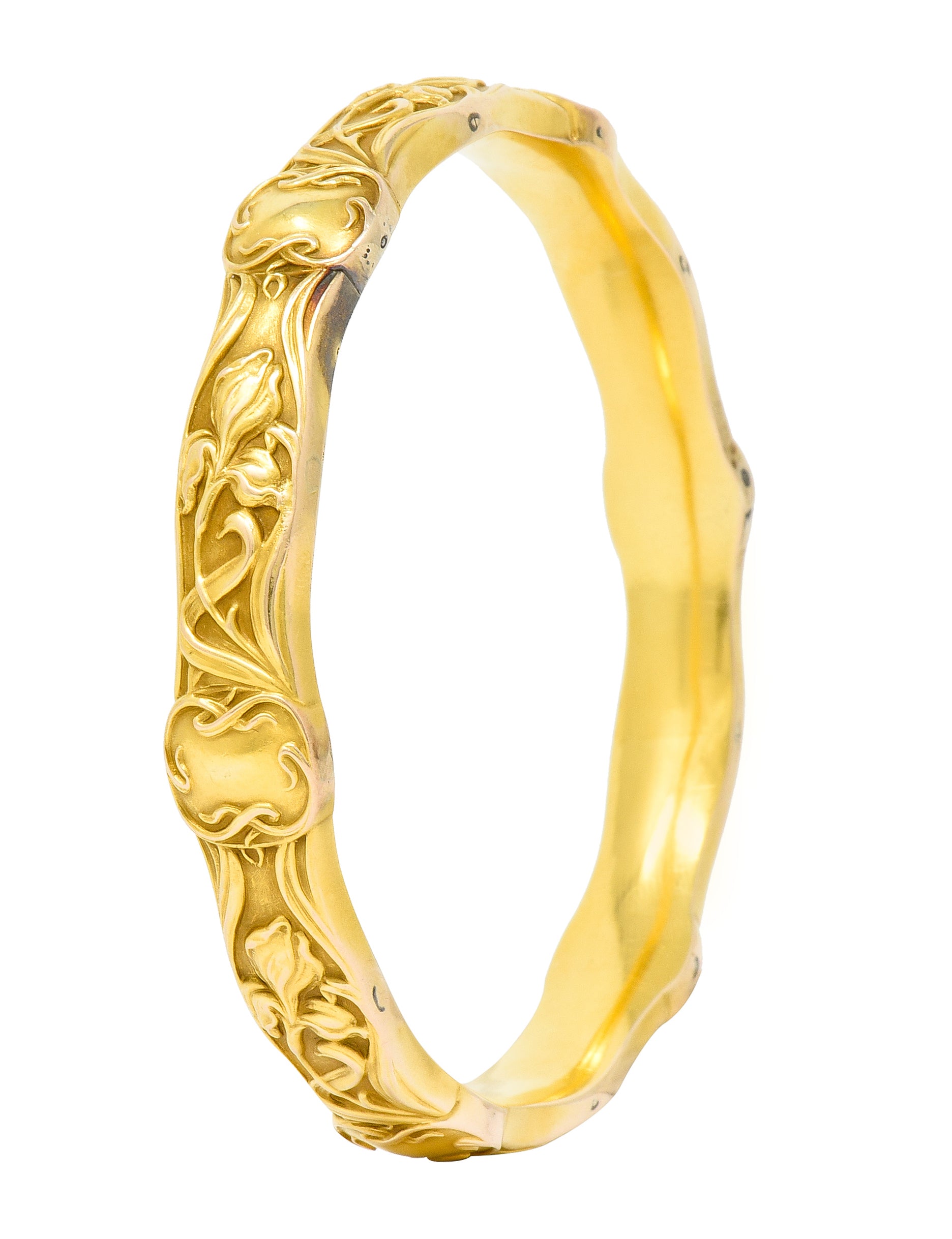 Riker Brothers Art Nouveau 14 Karat Gold Iris Flower Bangle Bracelet - Wilson's Estate Jewelry