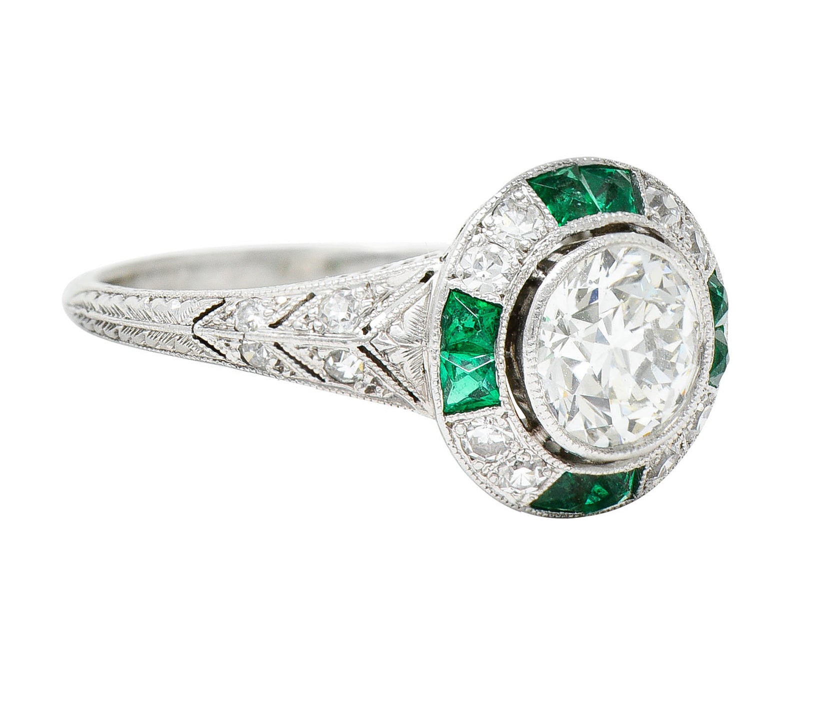 Art Deco Old European Diamond Emerald Platinum Engagement RingRing - Wilson's Estate Jewelry