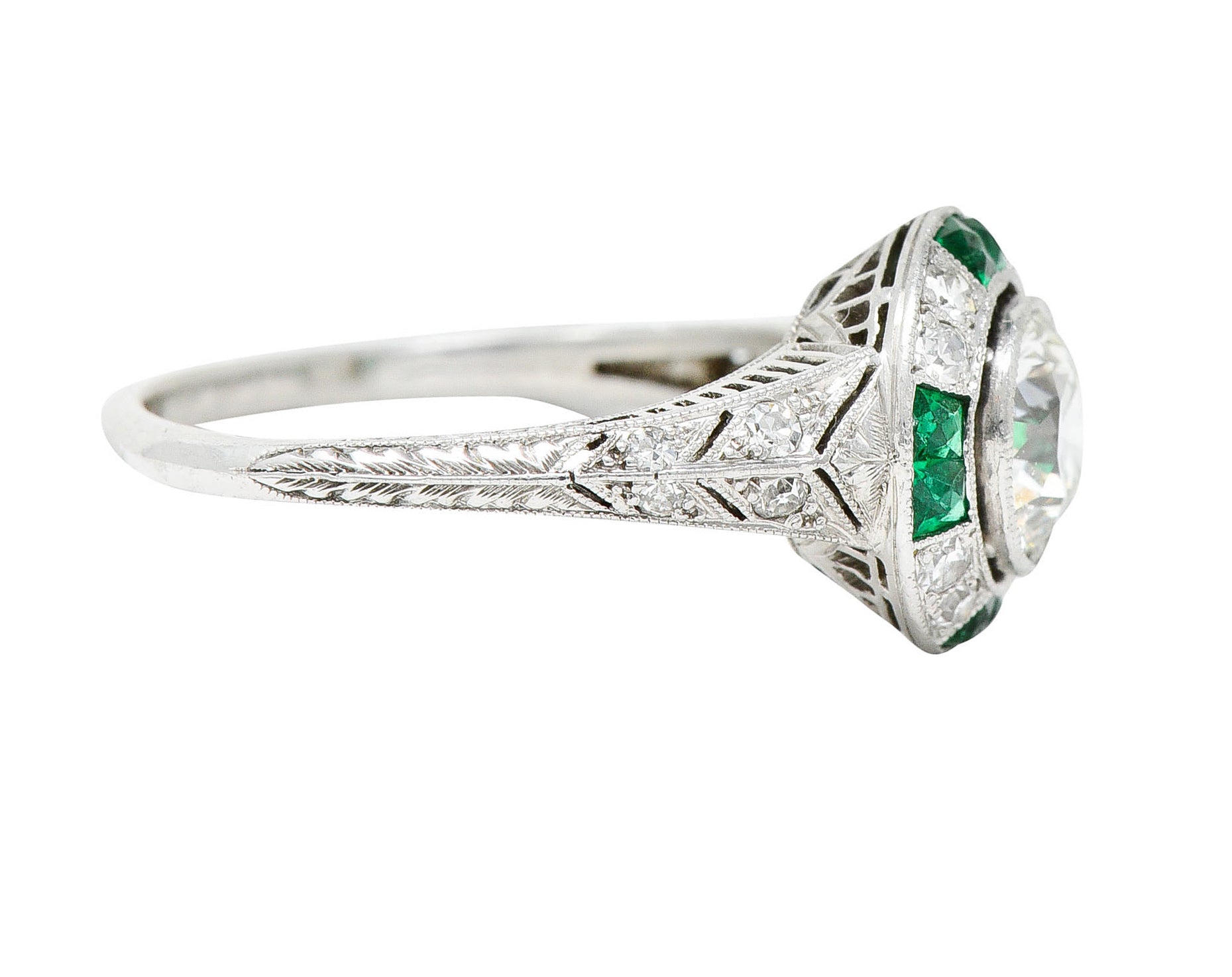 Art Deco Old European Diamond Emerald Platinum Engagement RingRing - Wilson's Estate Jewelry