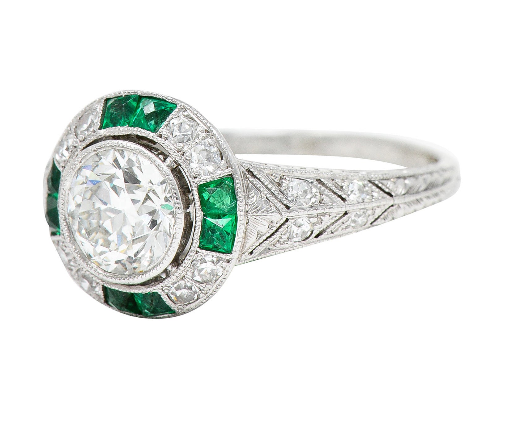 Art Deco Old European Diamond Emerald Platinum Engagement RingRing - Wilson's Estate Jewelry