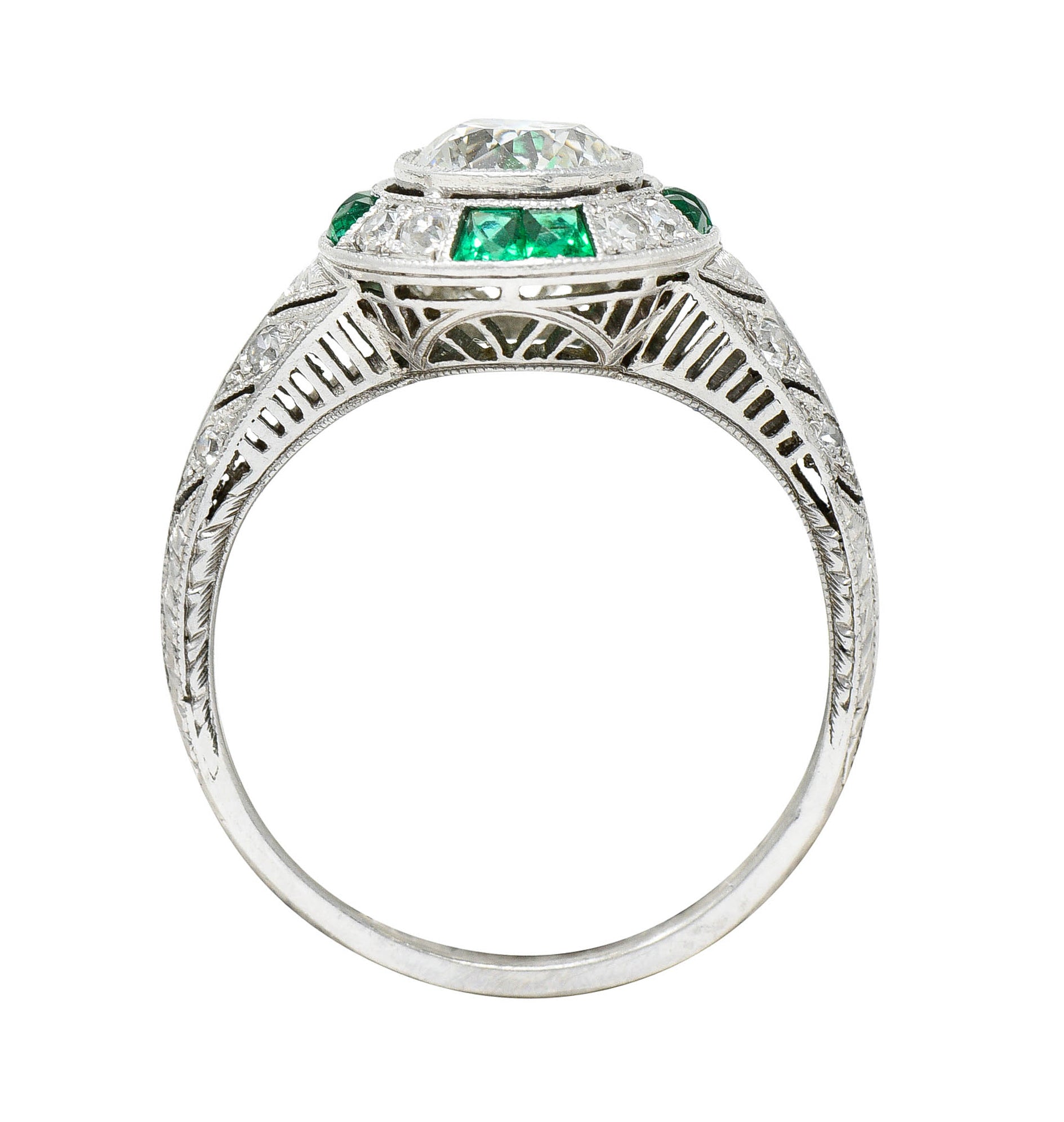 Art Deco Old European Diamond Emerald Platinum Engagement RingRing - Wilson's Estate Jewelry