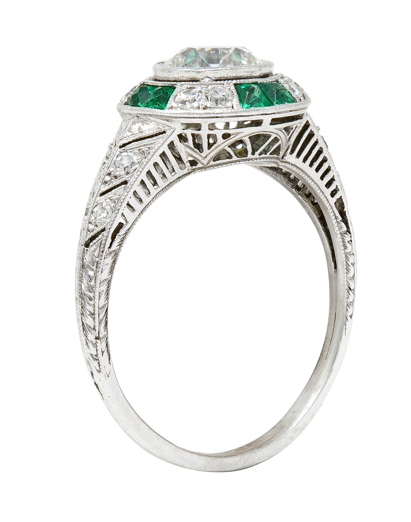 Art Deco Old European Diamond Emerald Platinum Engagement RingRing - Wilson's Estate Jewelry