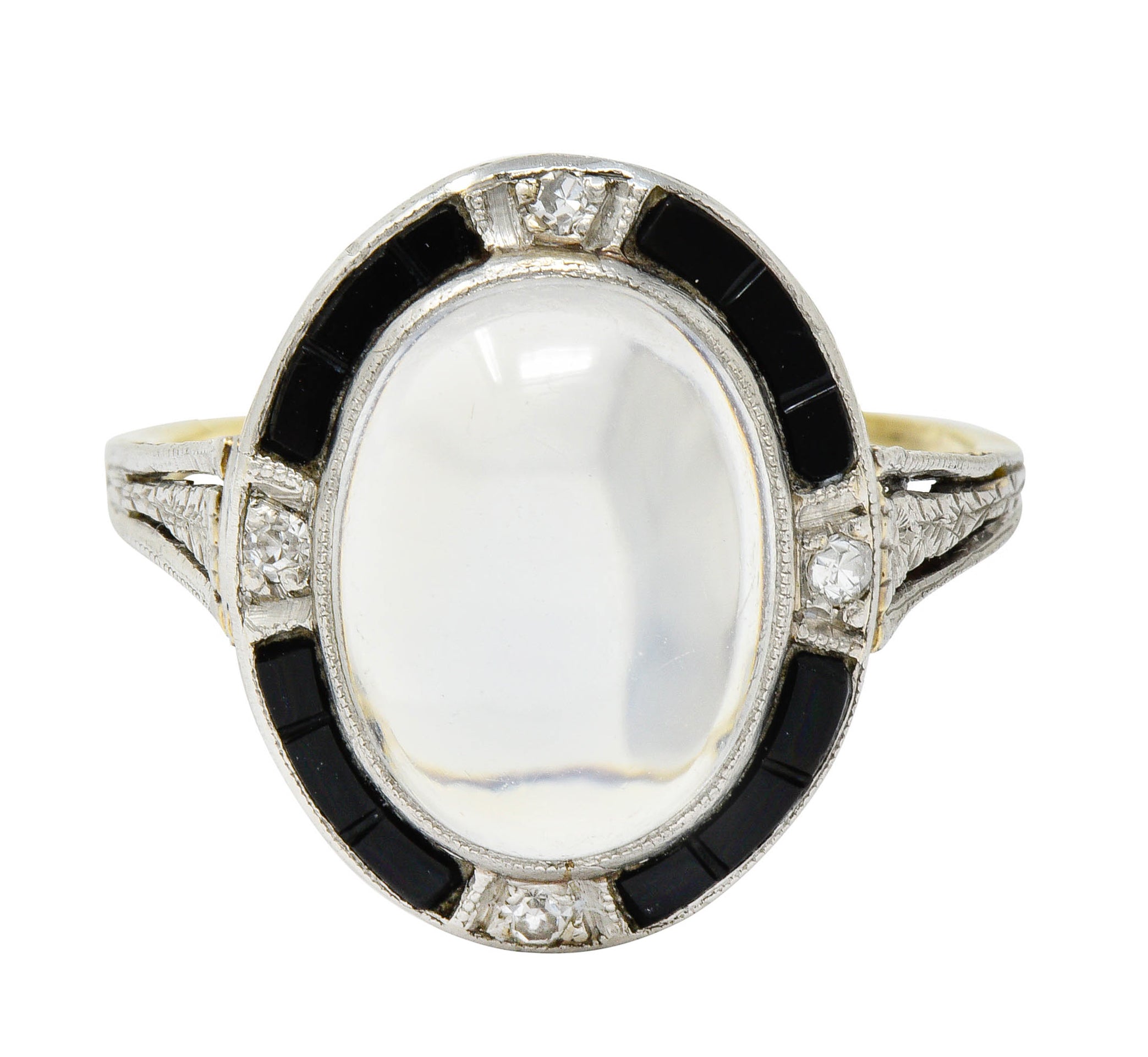 Edwardian Moonstone Onyx Diamond Platinum-Topped 14 Karat Gold RingRing - Wilson's Estate Jewelry