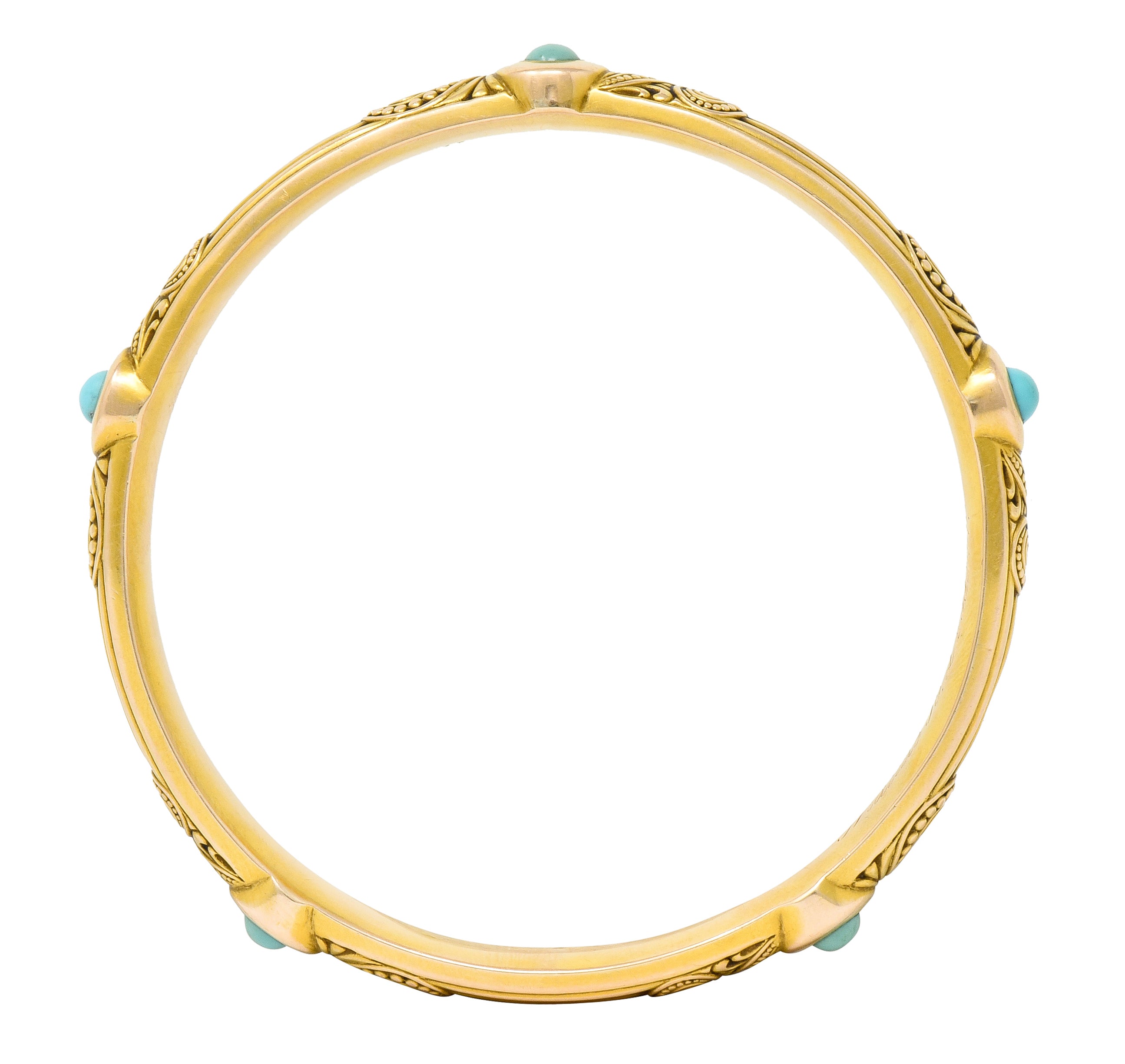 Riker Brothers Art Nouveau Turquoise Cabochon 14 Karat Gold Bangle Bracelet - Wilson's Estate Jewelry