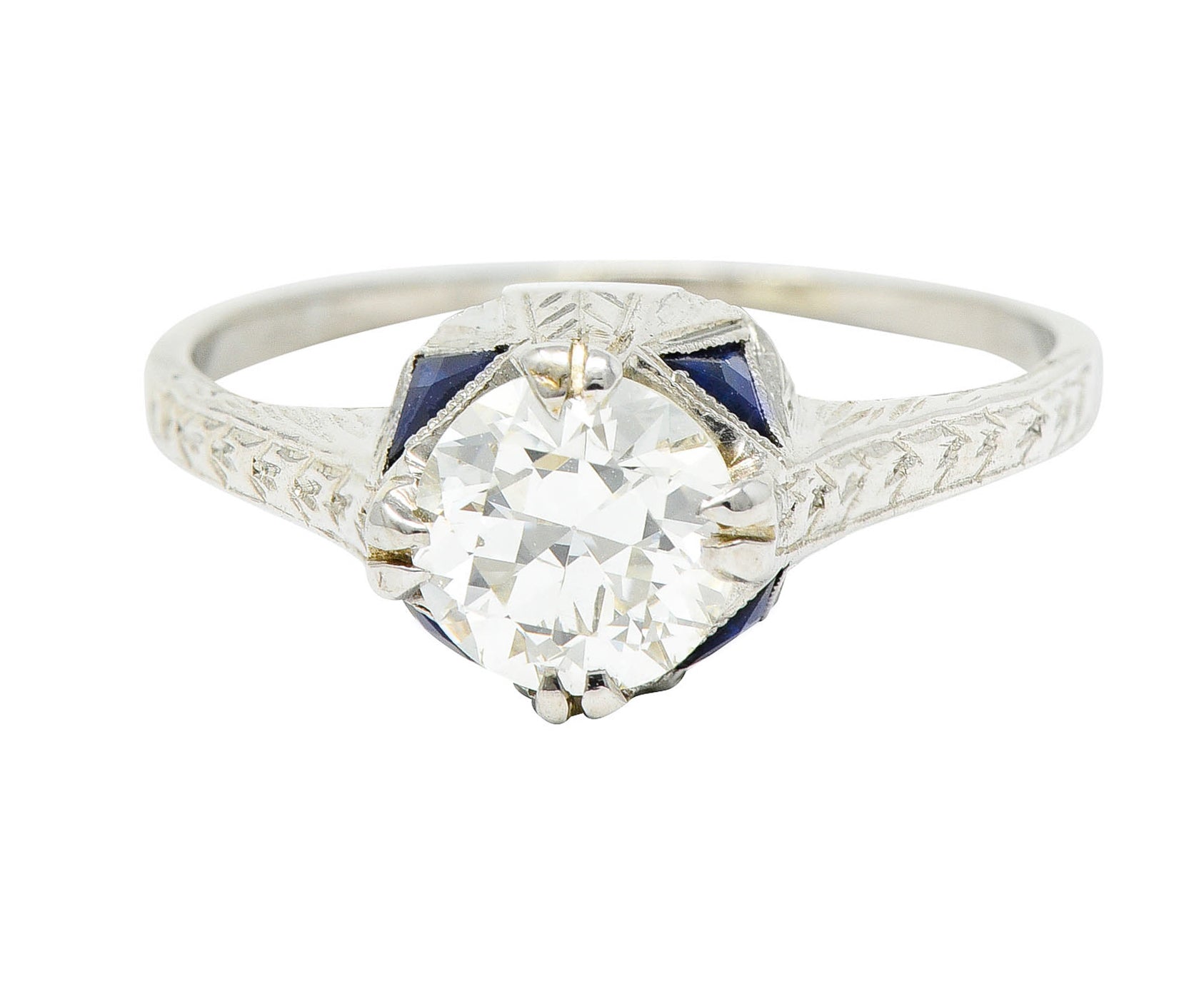 Art Deco 0.75 CTW Diamond Sapphire 18 White Gold Engagement RingRing - Wilson's Estate Jewelry