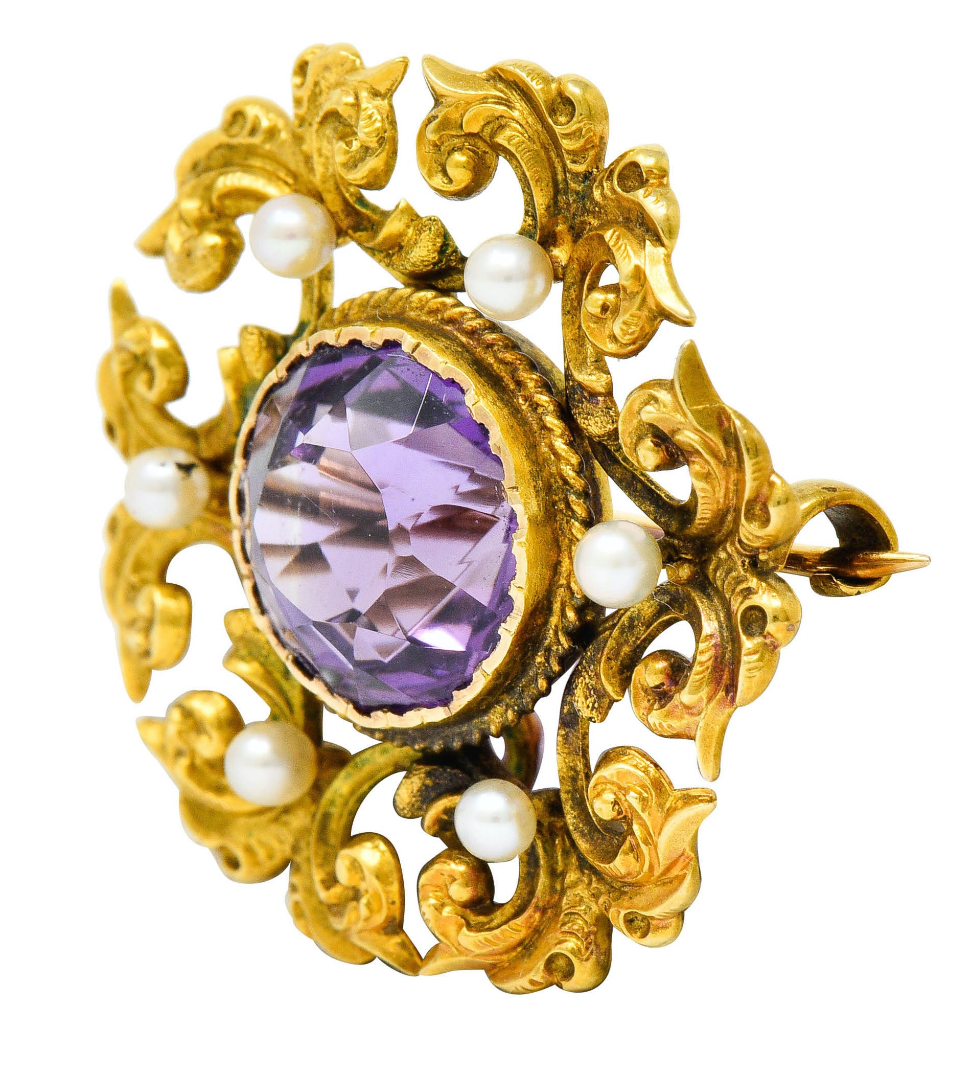 Art Nouveau Amethyst Pearl 14 Karat Gold Watch Pin BroochBrooch - Wilson's Estate Jewelry