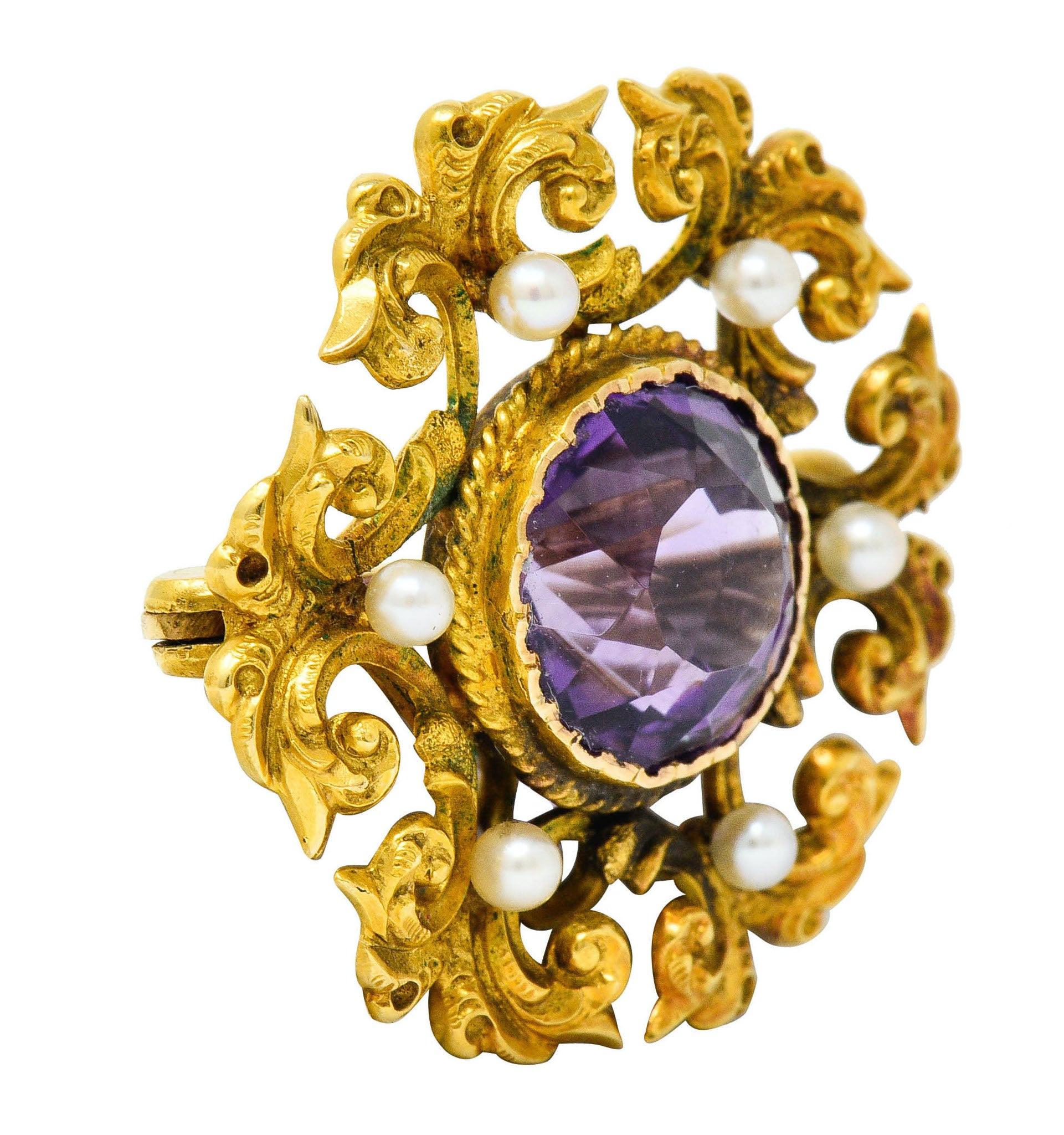 Art Nouveau Amethyst Pearl 14 Karat Gold Watch Pin BroochBrooch - Wilson's Estate Jewelry