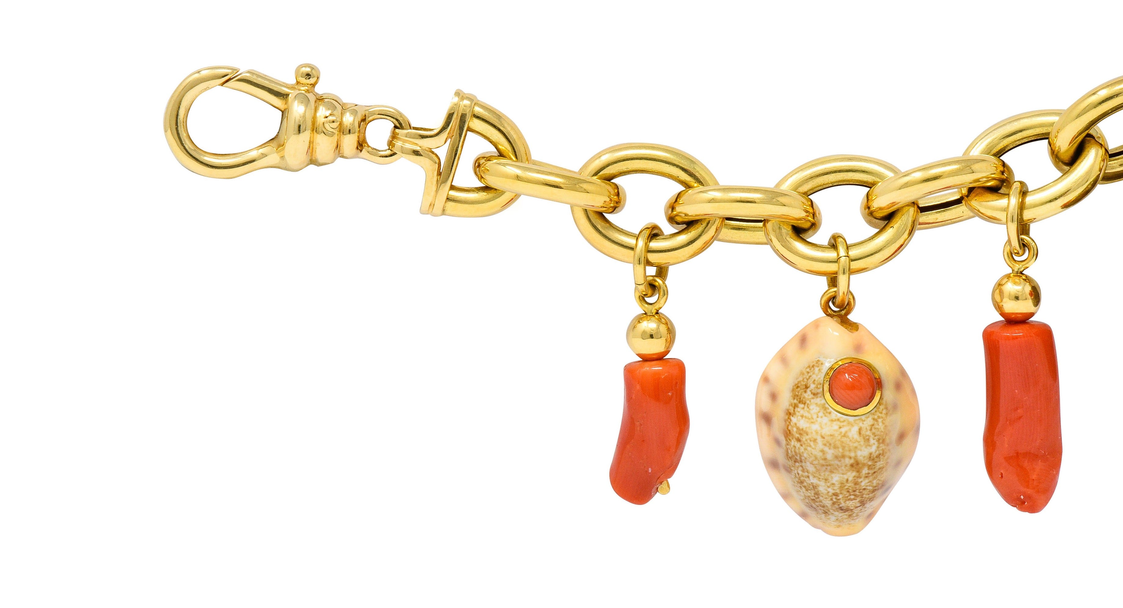 Trianon Vintage Coral Enamel 18 Karat Gold Seashell Charm Braceletbracelet - Wilson's Estate Jewelry