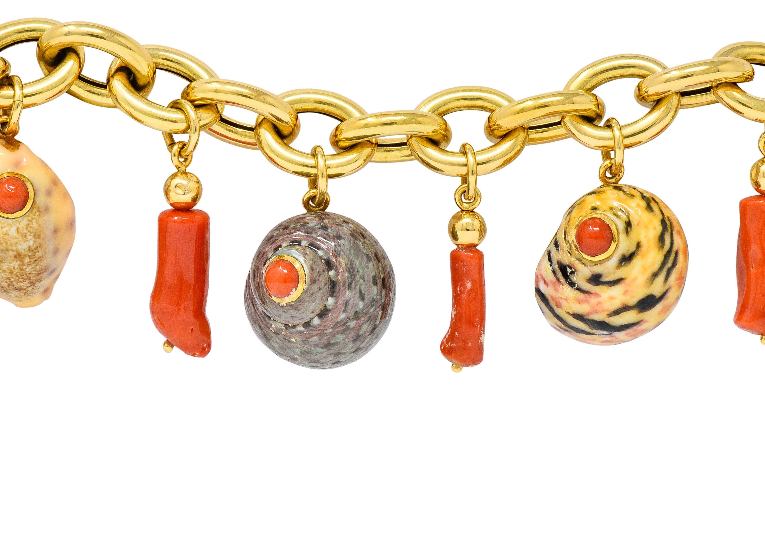 Trianon Vintage Coral Enamel 18 Karat Gold Seashell Charm Braceletbracelet - Wilson's Estate Jewelry