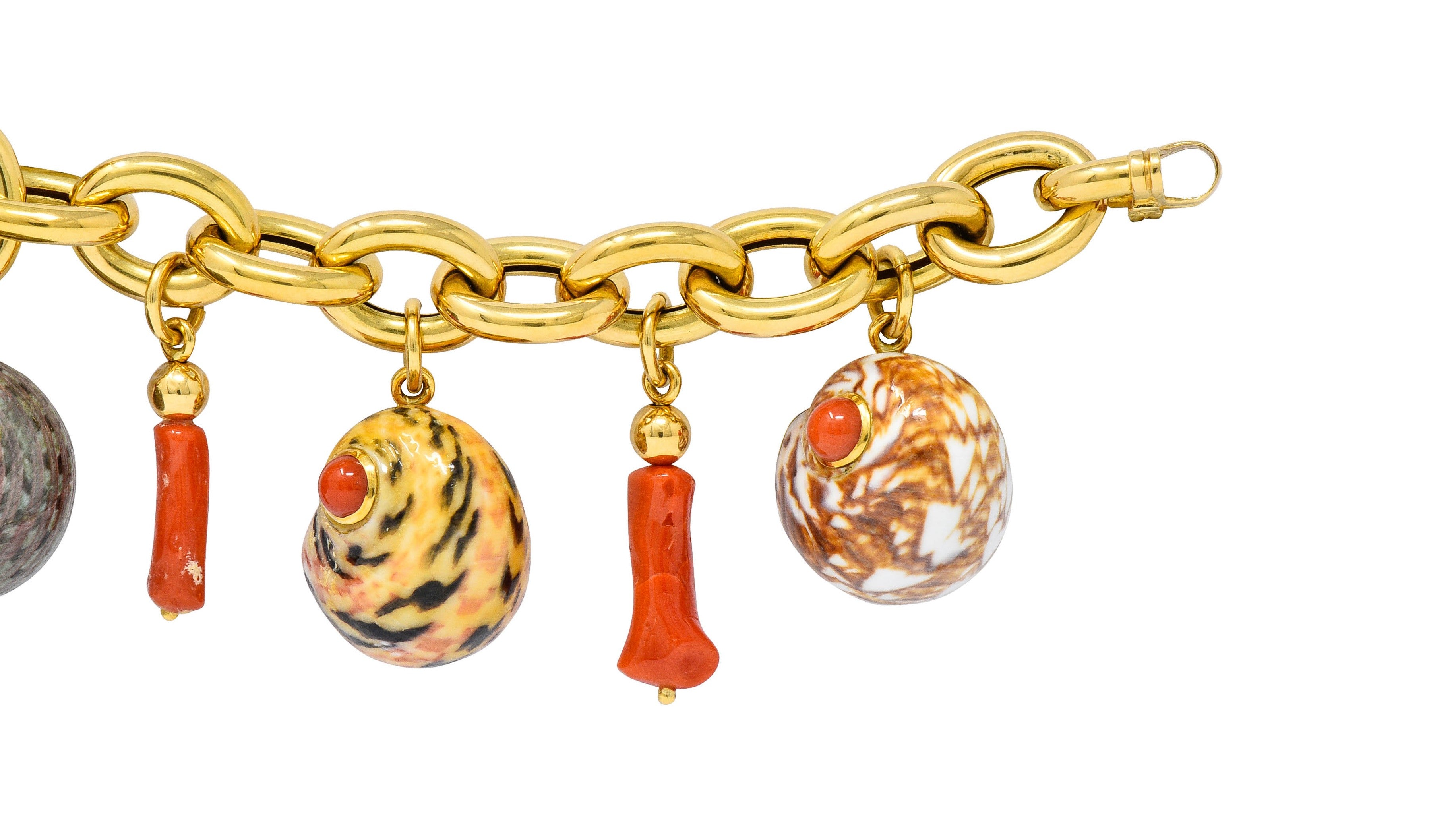 Trianon Vintage Coral Enamel 18 Karat Gold Seashell Charm Braceletbracelet - Wilson's Estate Jewelry