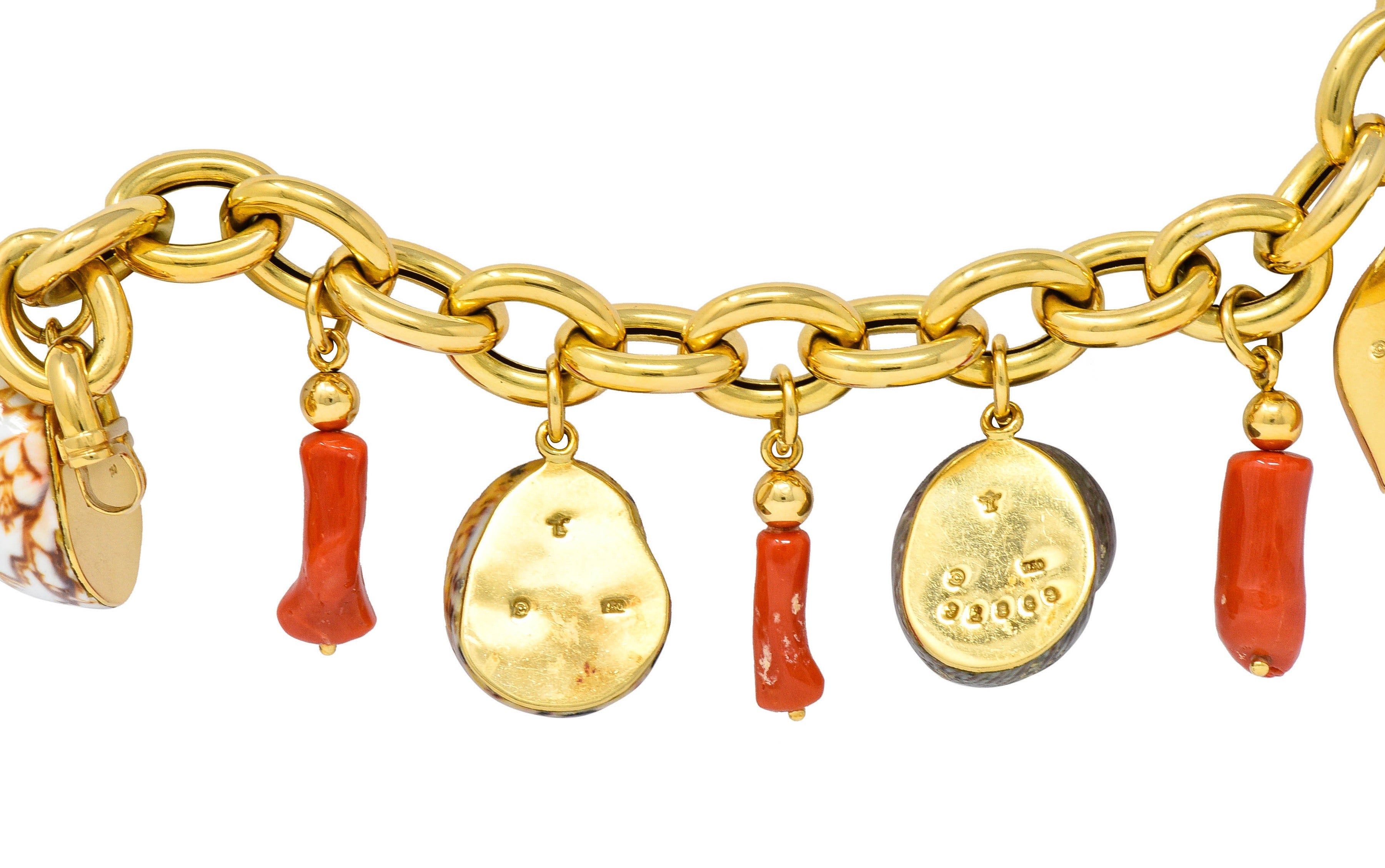 Trianon Vintage Coral Enamel 18 Karat Gold Seashell Charm Braceletbracelet - Wilson's Estate Jewelry