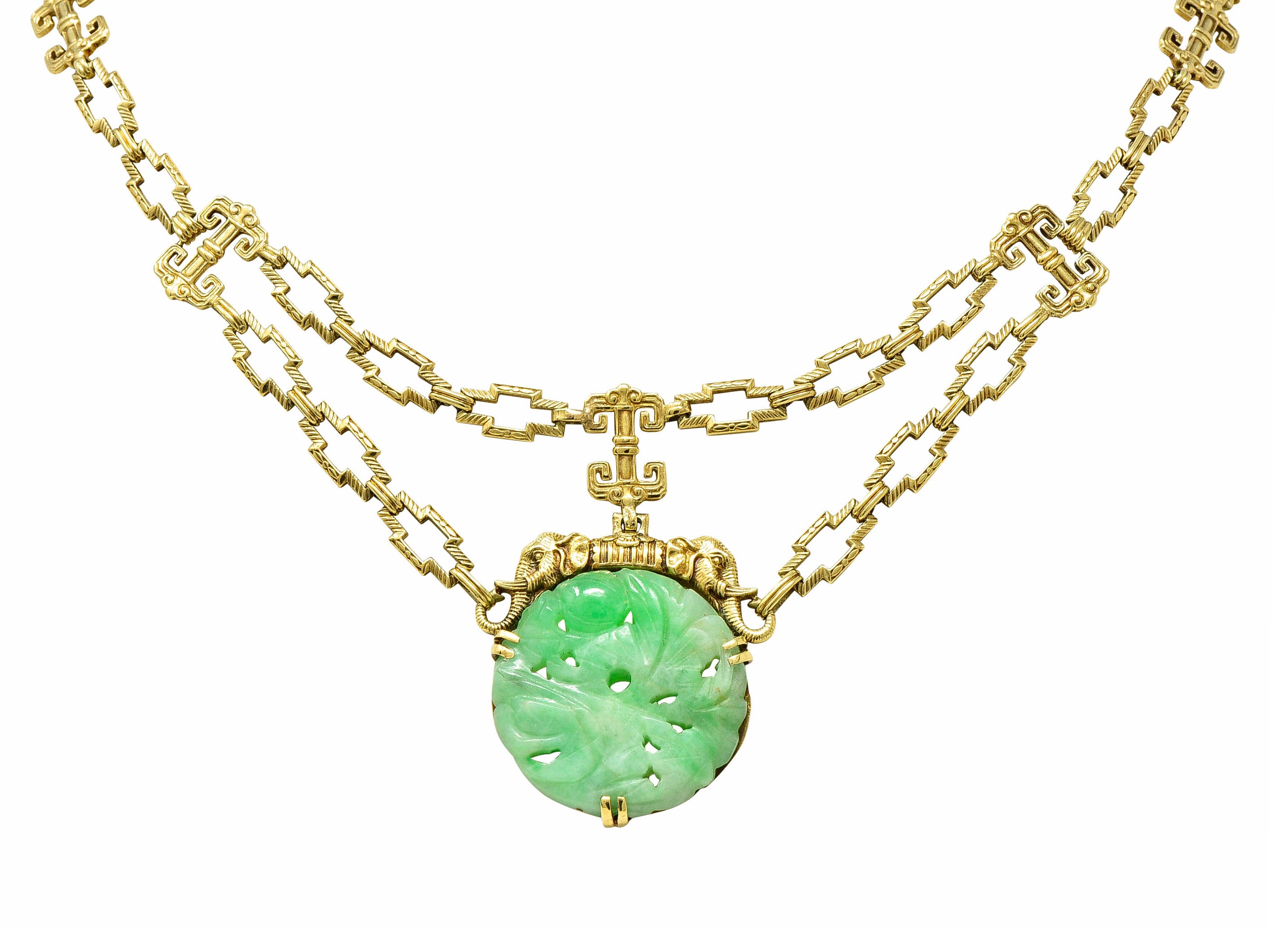 1920's Art Deco Carved Jade 14 Karat Gold Swag NecklaceNecklace - Wilson's Estate Jewelry