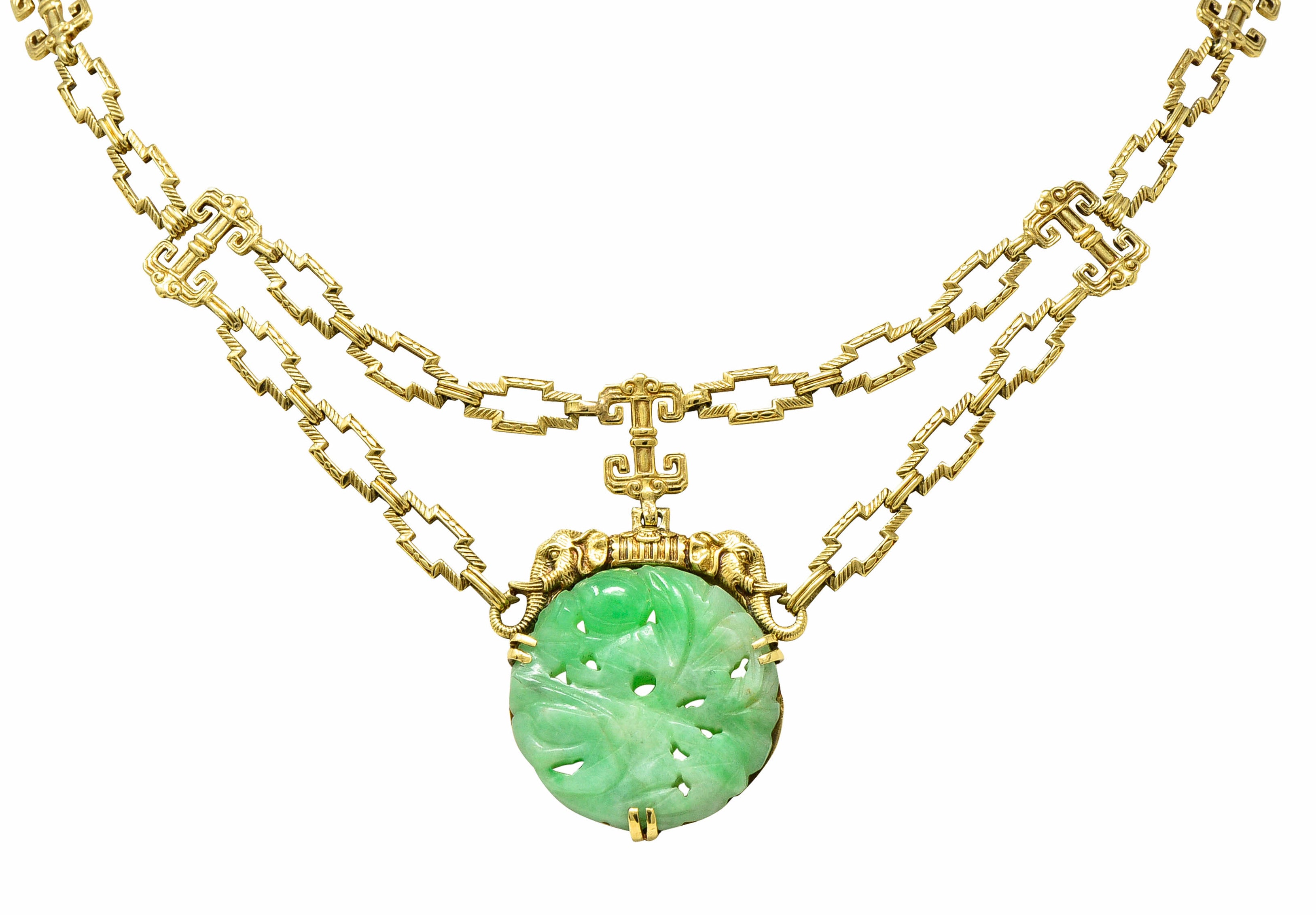 1920's Art Deco Carved Jade 14 Karat Gold Swag NecklaceNecklace - Wilson's Estate Jewelry