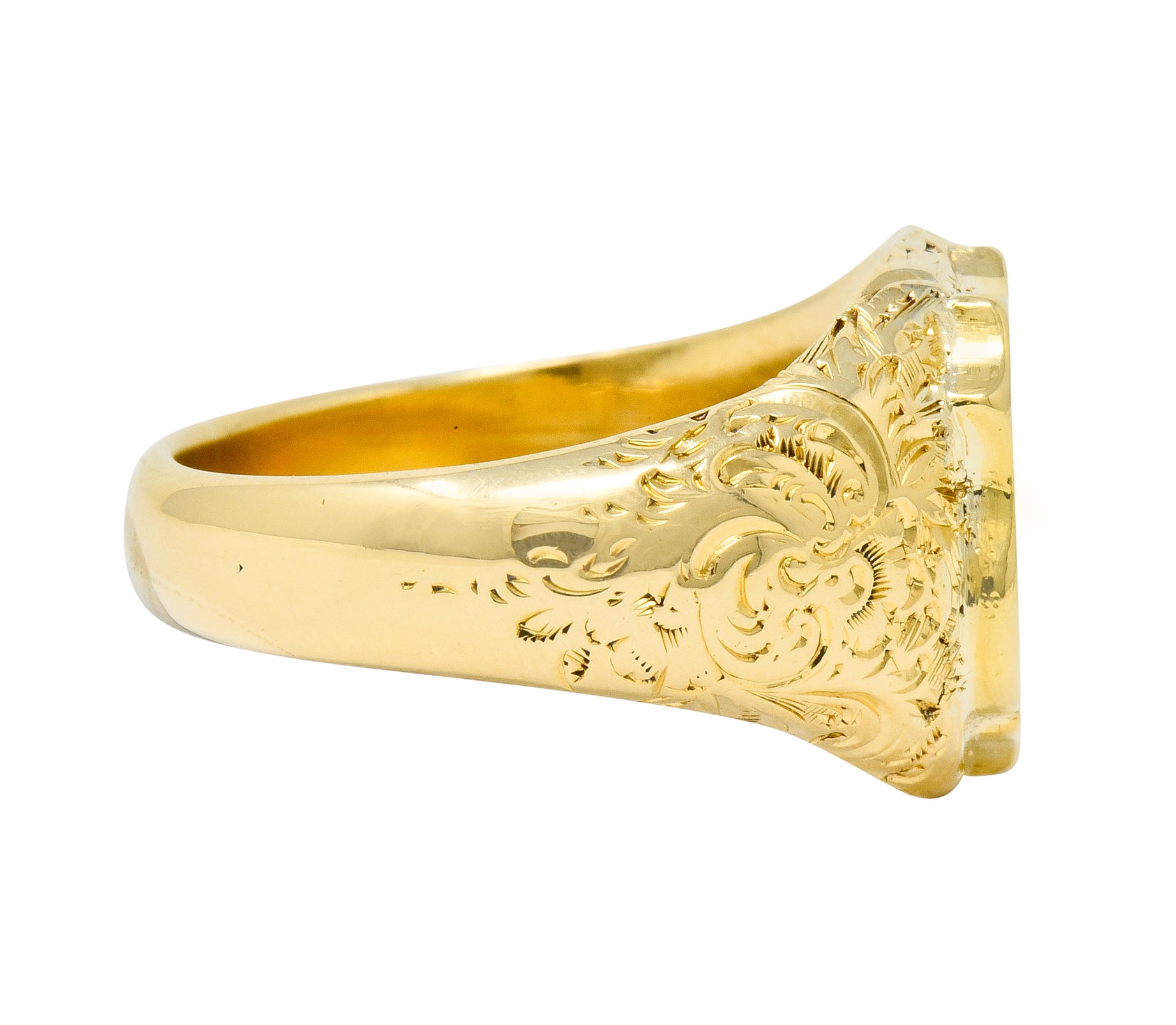 Victorian 18 Karat Yellow Gold Unisex Floral Shield Unisex Signet Ring - Wilson's Estate Jewelry