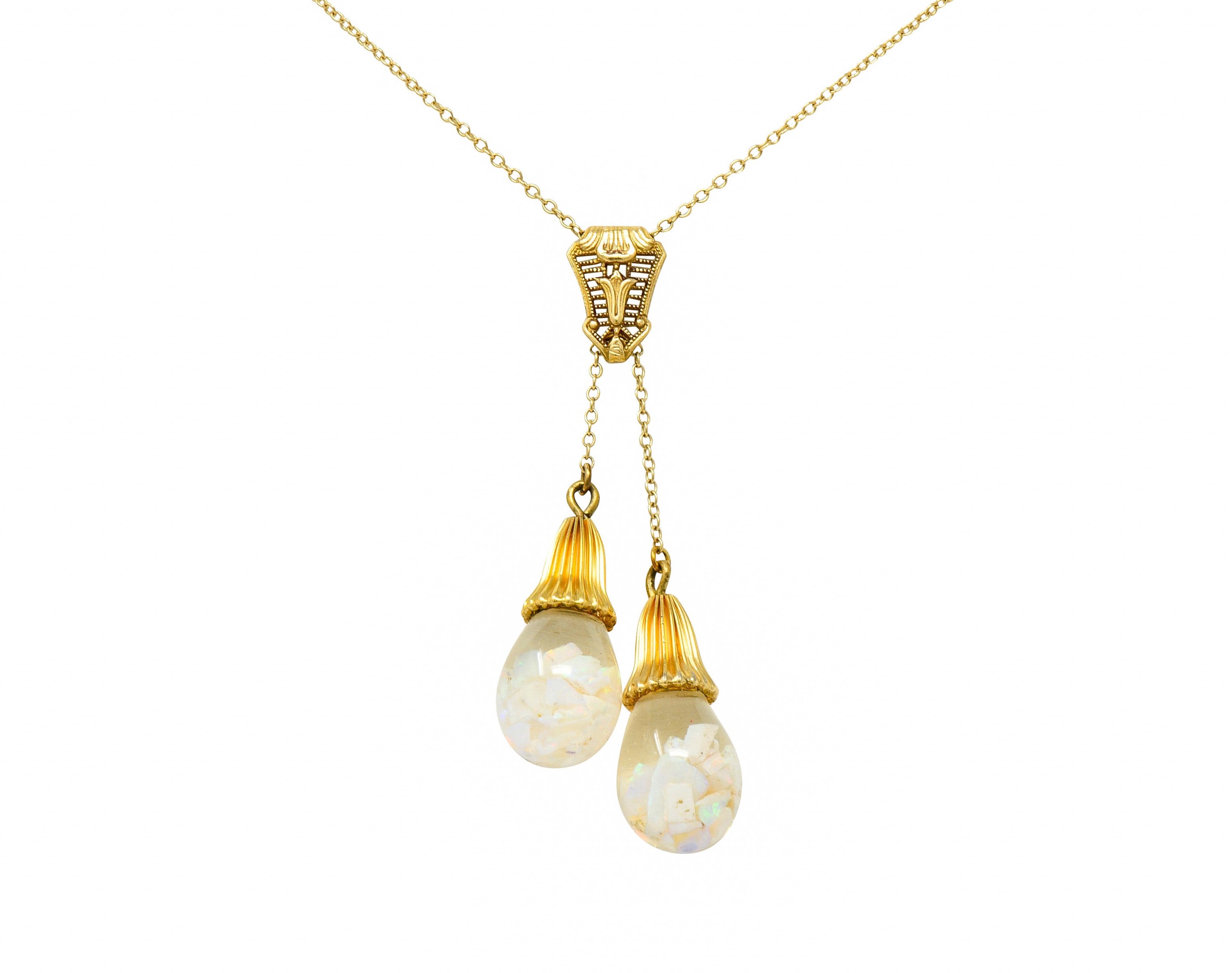 Art Deco Floating Opal 14 Karat Gold Double Drop NecklaceNecklace - Wilson's Estate Jewelry