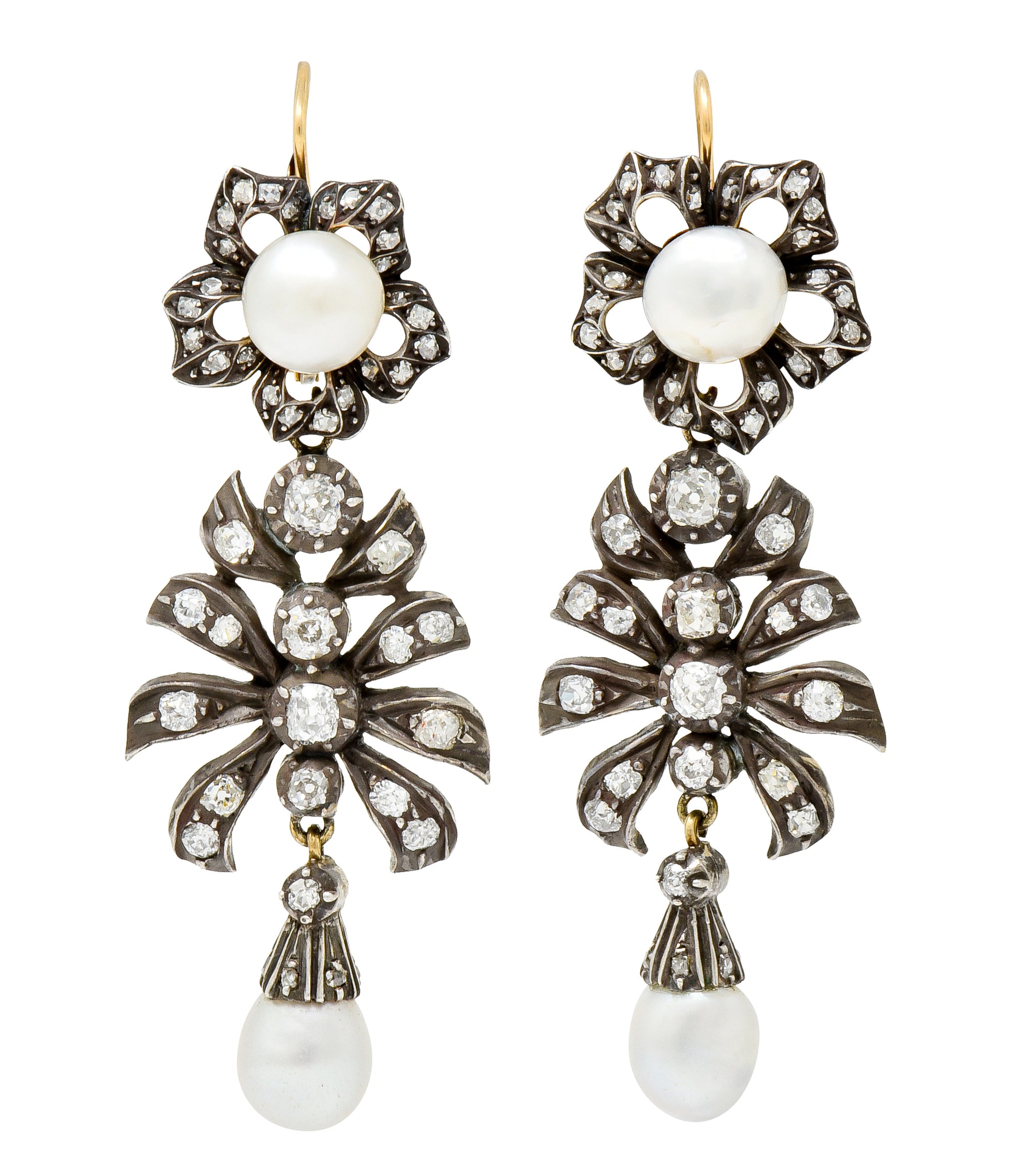 Victorian Diamond Natural Pearl Gold Silver Floral Drop Earrings GIA - Wilson's Estate Jewelry