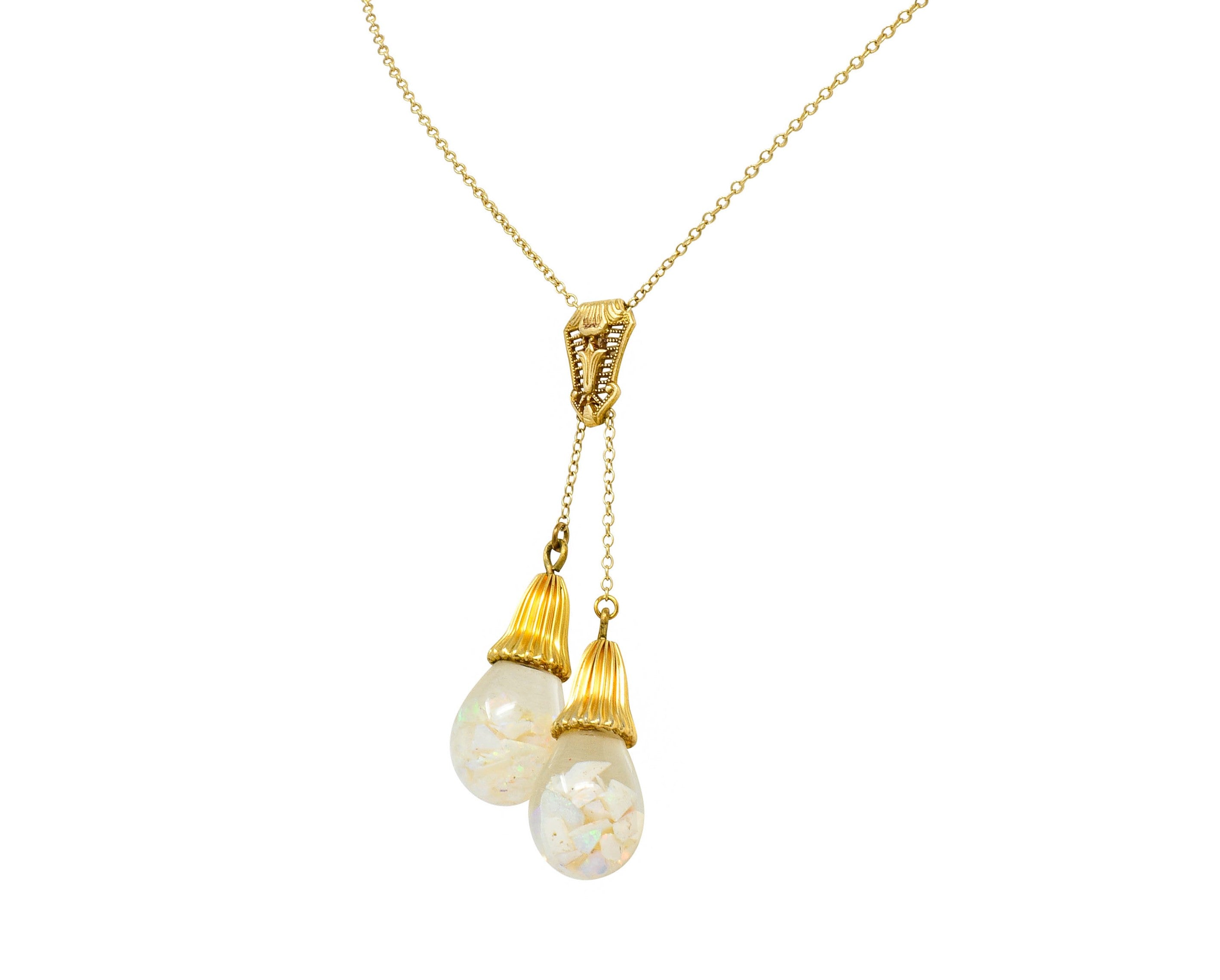 Art Deco Floating Opal 14 Karat Gold Double Drop NecklaceNecklace - Wilson's Estate Jewelry