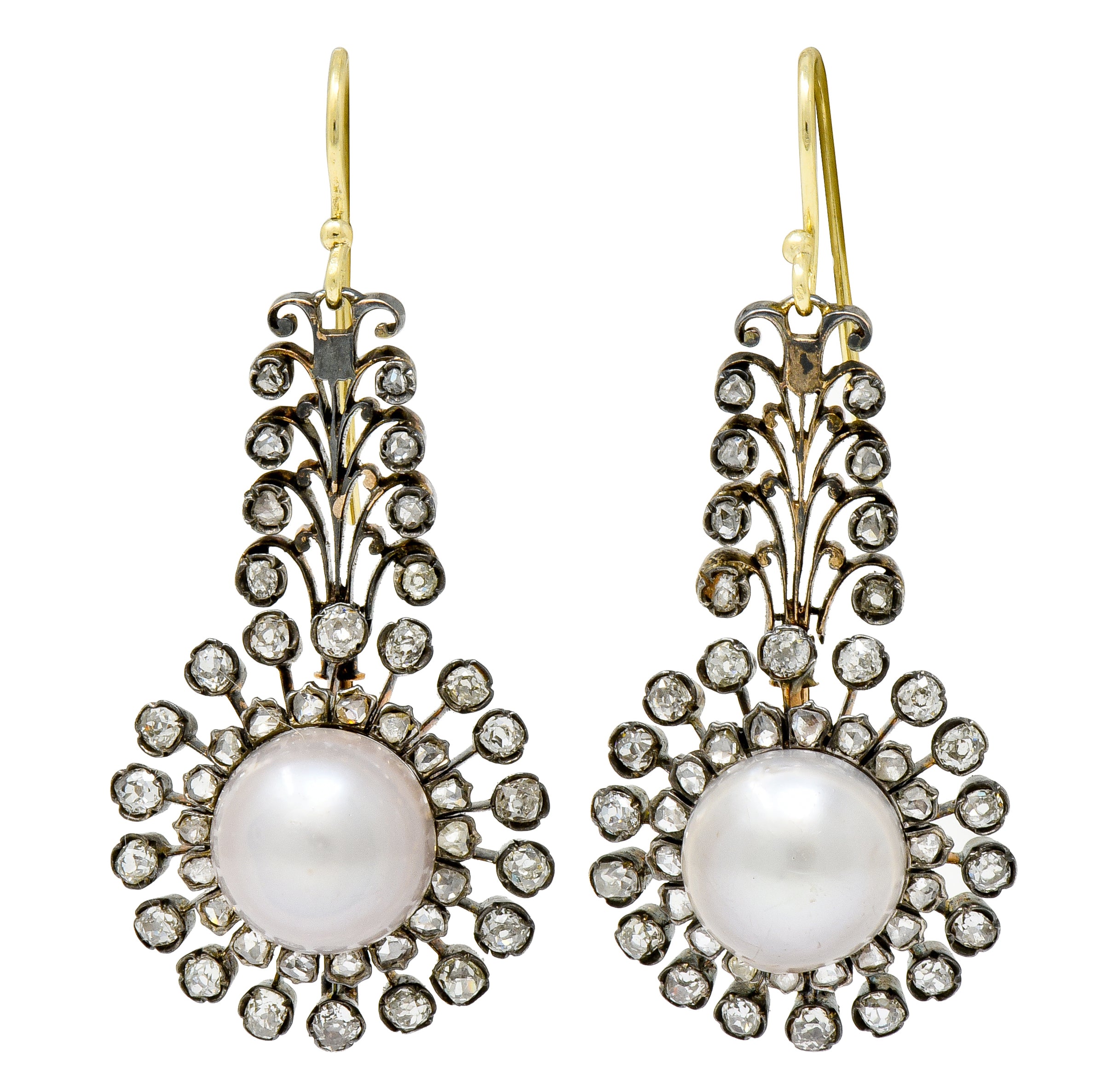 Victorian Diamond Natural Saltwater Pearl Silver-Topped Gold Foliate Drop Earrings GIA - Wilson's Estate Jewelry