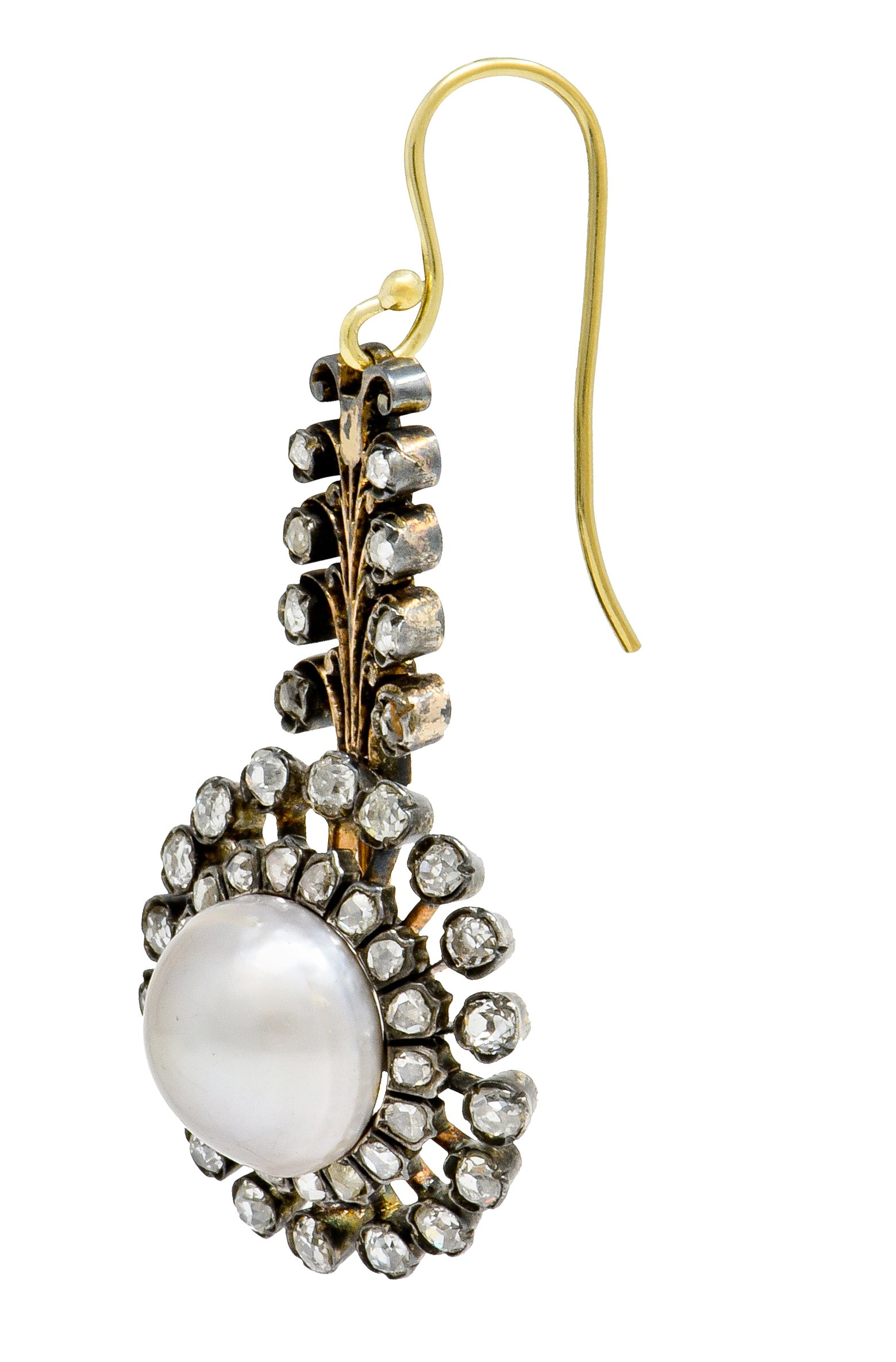 Victorian Diamond Natural Saltwater Pearl Silver-Topped Gold Foliate Drop Earrings GIA - Wilson's Estate Jewelry