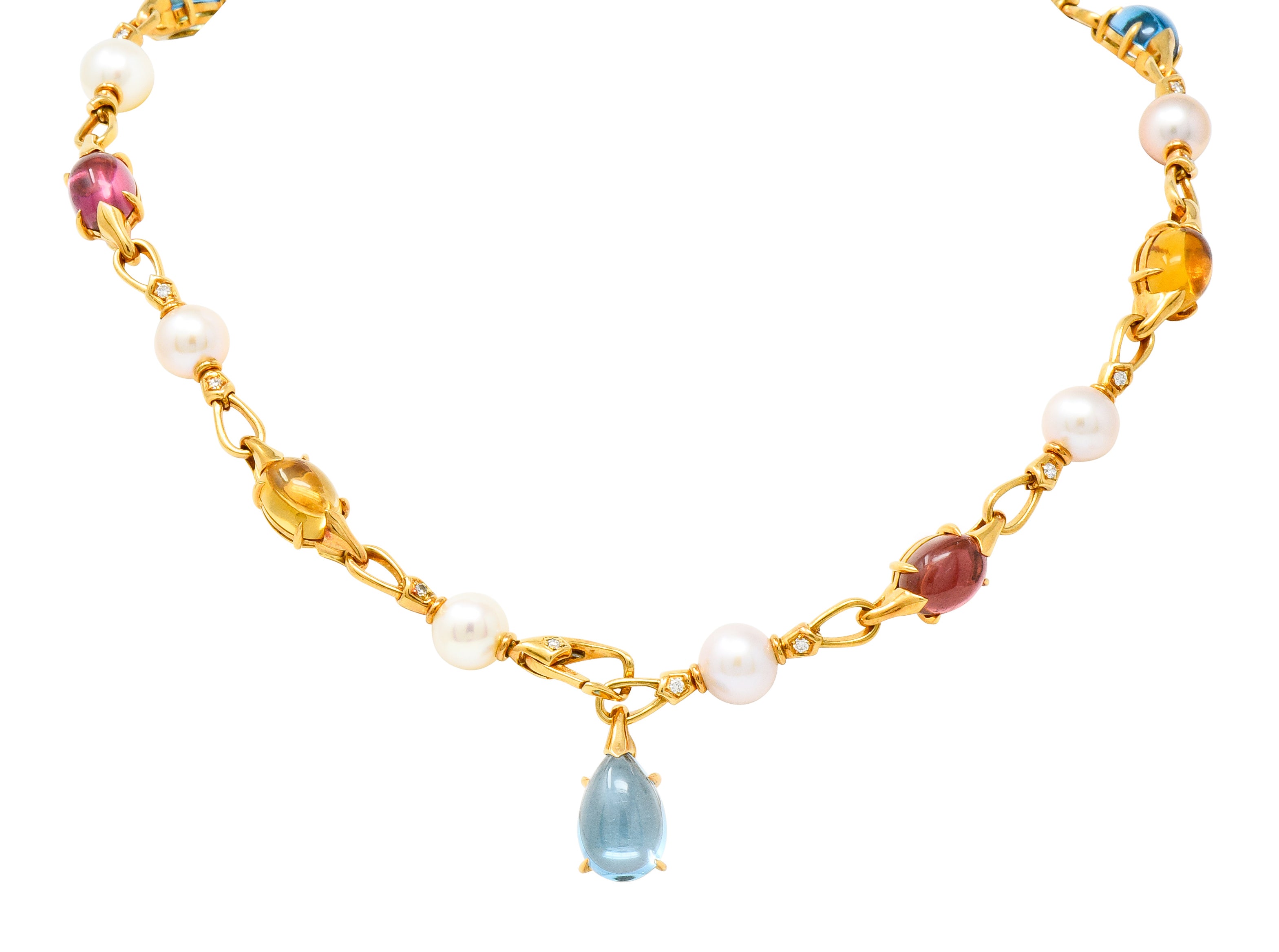 Bulgari Allegra Tourmaline Citrine Topaz Pearl Diamond 18 Karat Gold Station Chain Link Necklace - Wilson's Estate Jewelry