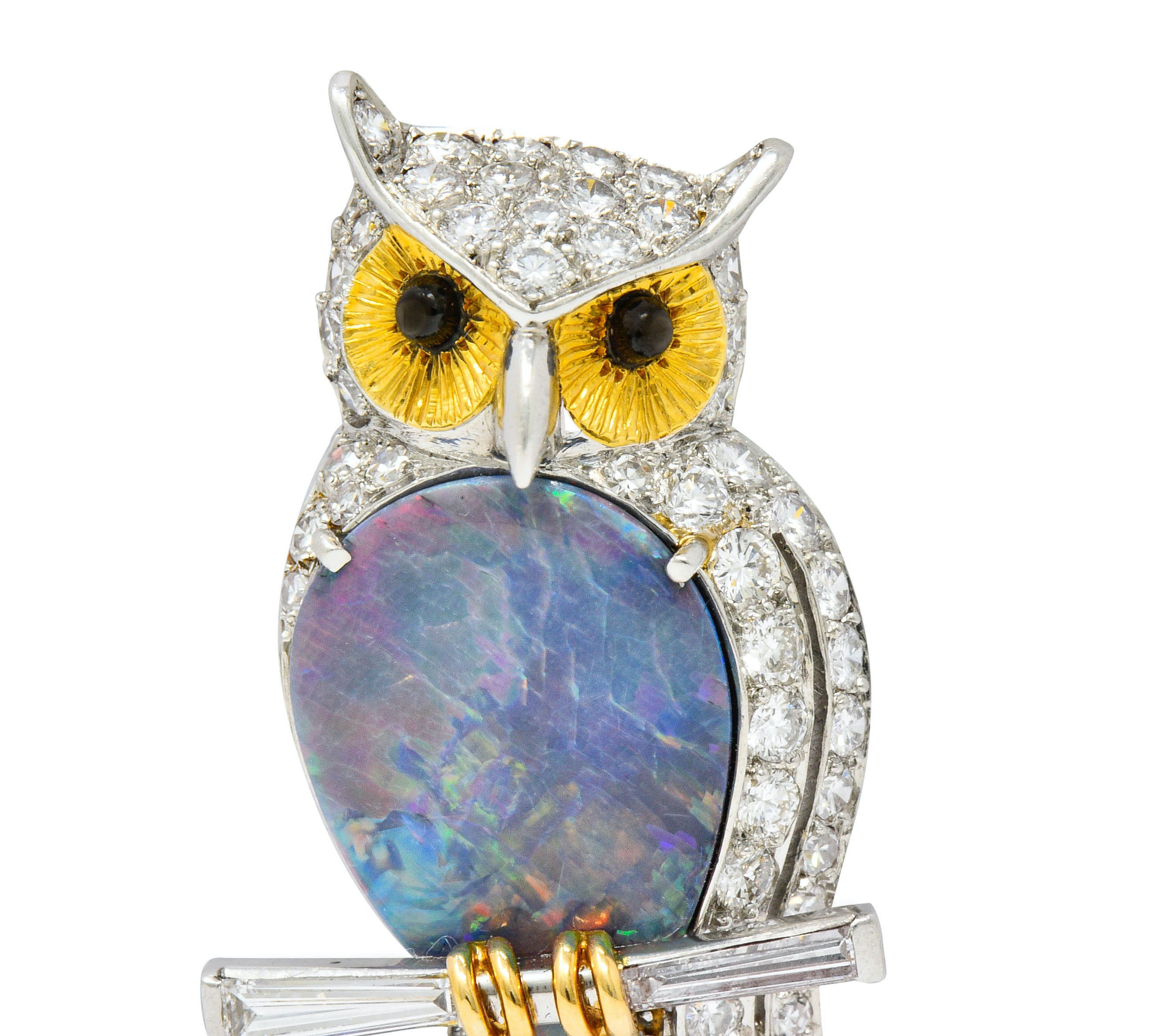 Vintage Black Opal Diamond Platinum 18 Karat Gold Owl BroochBrooch - Wilson's Estate Jewelry