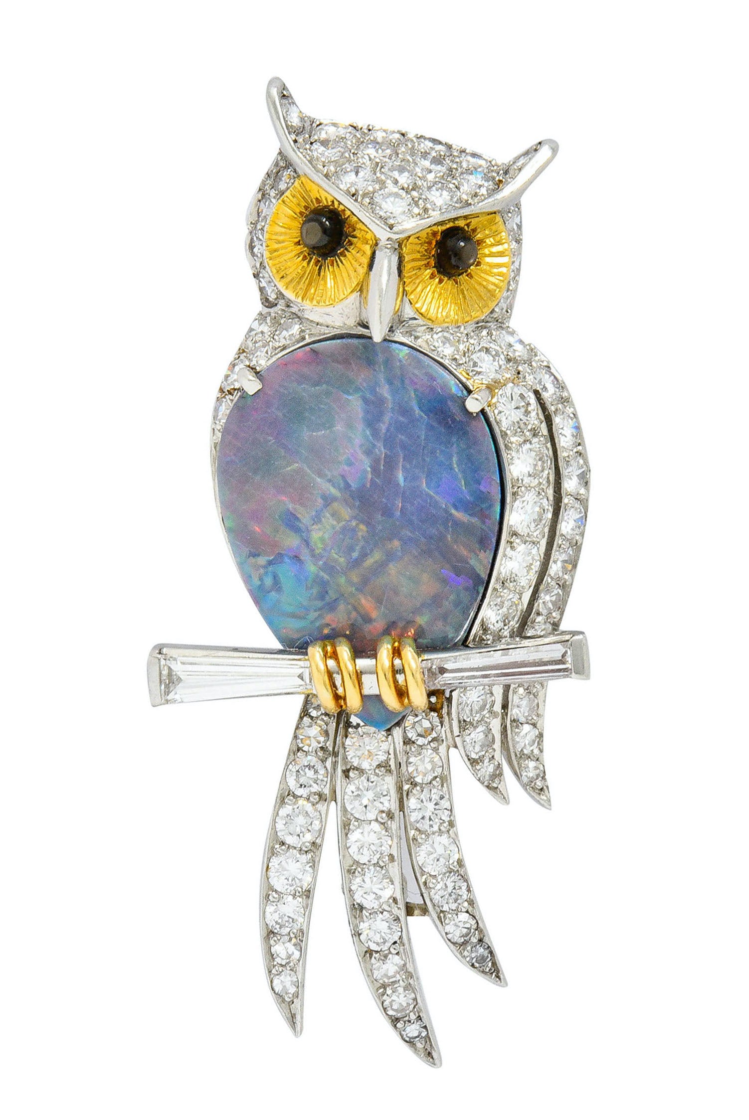 Vintage Black Opal Diamond Platinum 18 Karat Gold Owl BroochBrooch - Wilson's Estate Jewelry