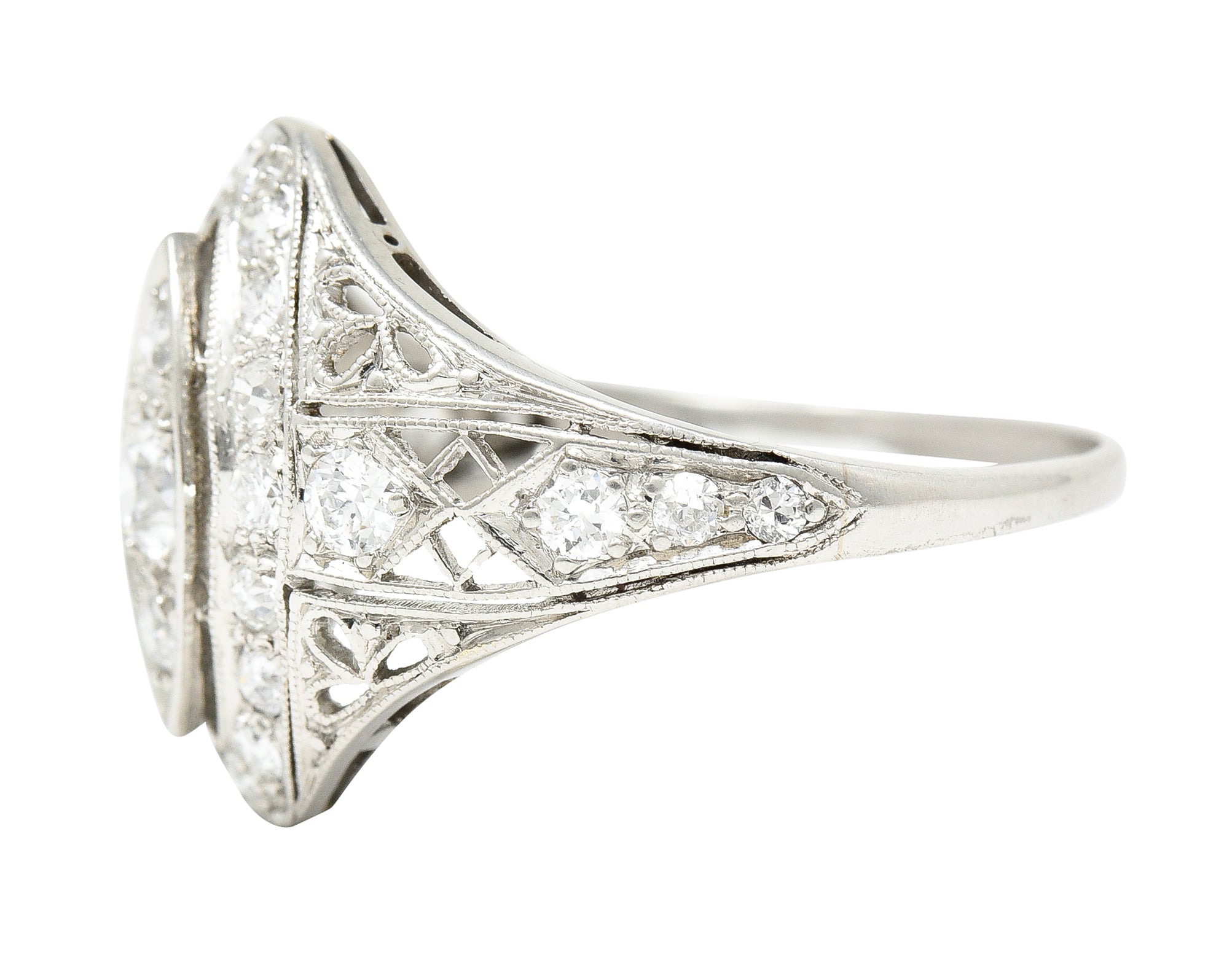 Art Deco 0.72 CTW Old European Cut Diamond Platinum Foliate Filigree Navette Dinner Ring Wilson's Estate Jewelry