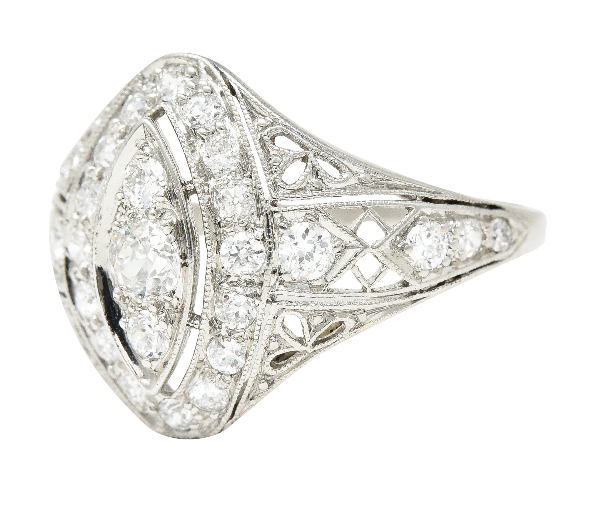 Art Deco 0.72 CTW Old European Cut Diamond Platinum Foliate Filigree Navette Dinner Ring Wilson's Estate Jewelry