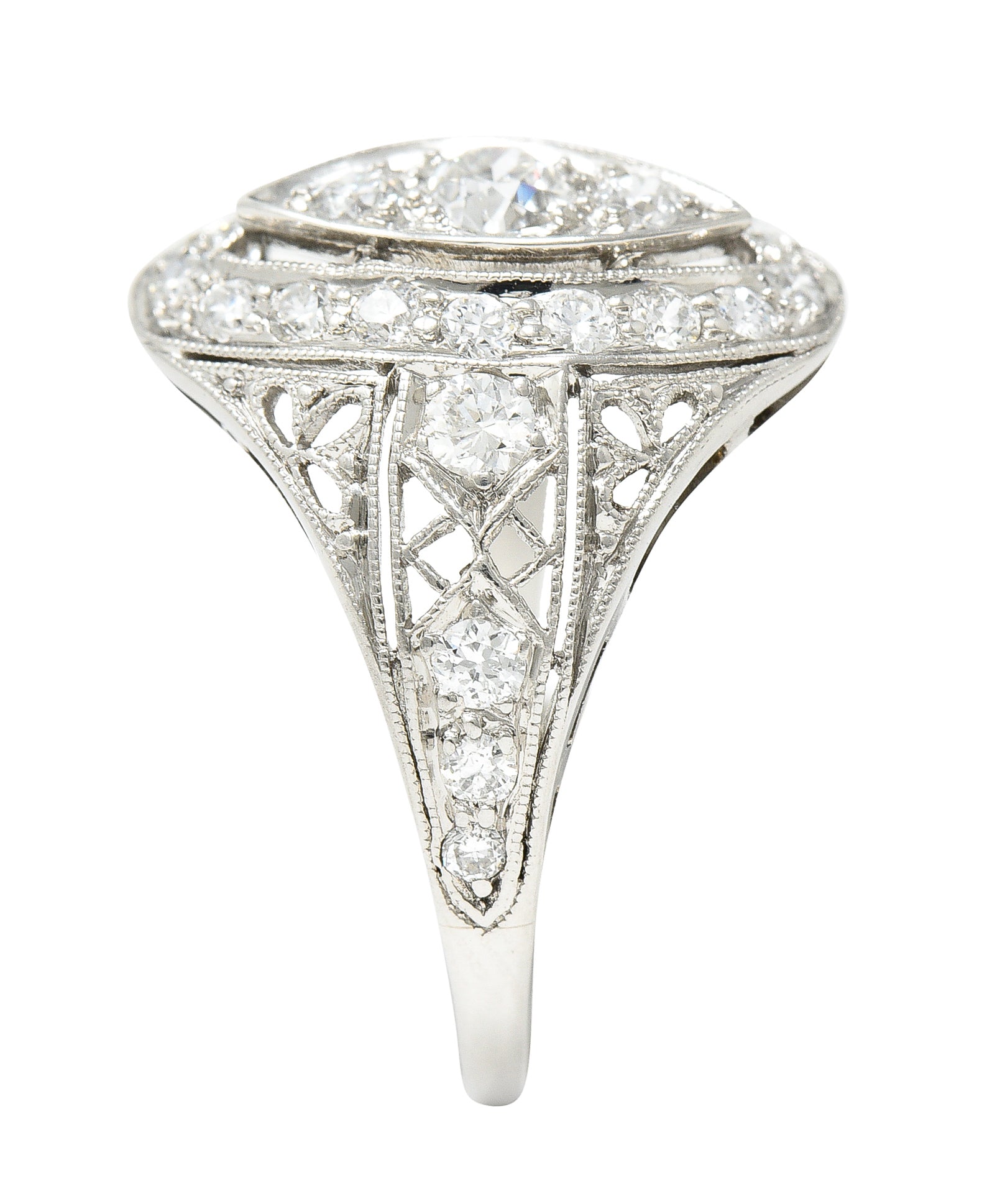 Art Deco 0.72 CTW Old European Cut Diamond Platinum Foliate Filigree Navette Dinner Ring Wilson's Estate Jewelry