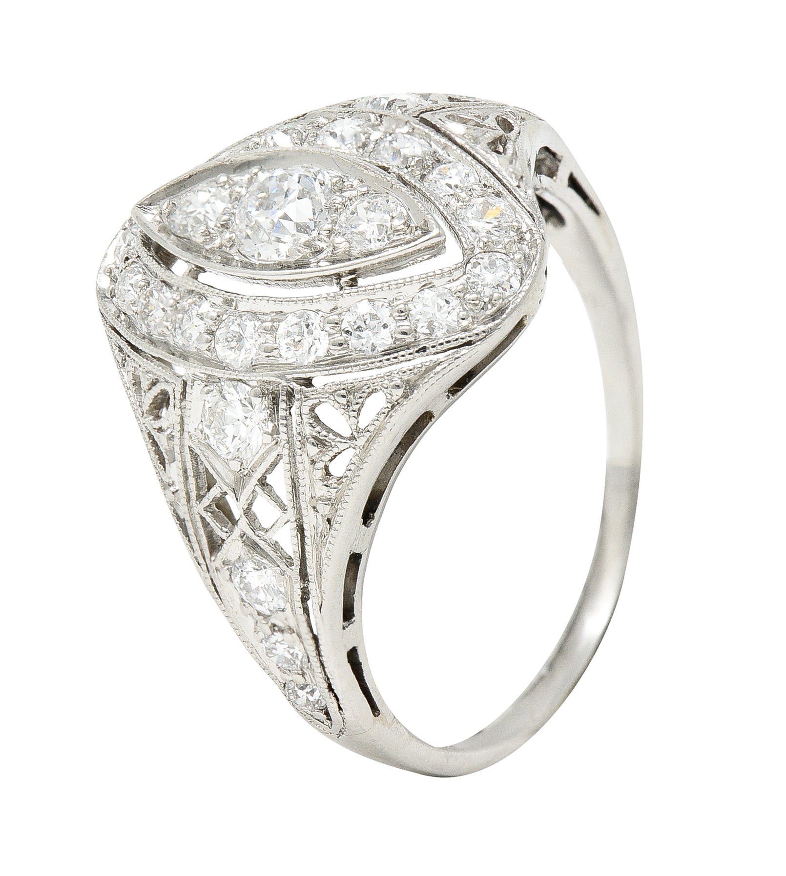 Art Deco 0.72 CTW Old European Cut Diamond Platinum Foliate Filigree Navette Dinner Ring Wilson's Estate Jewelry