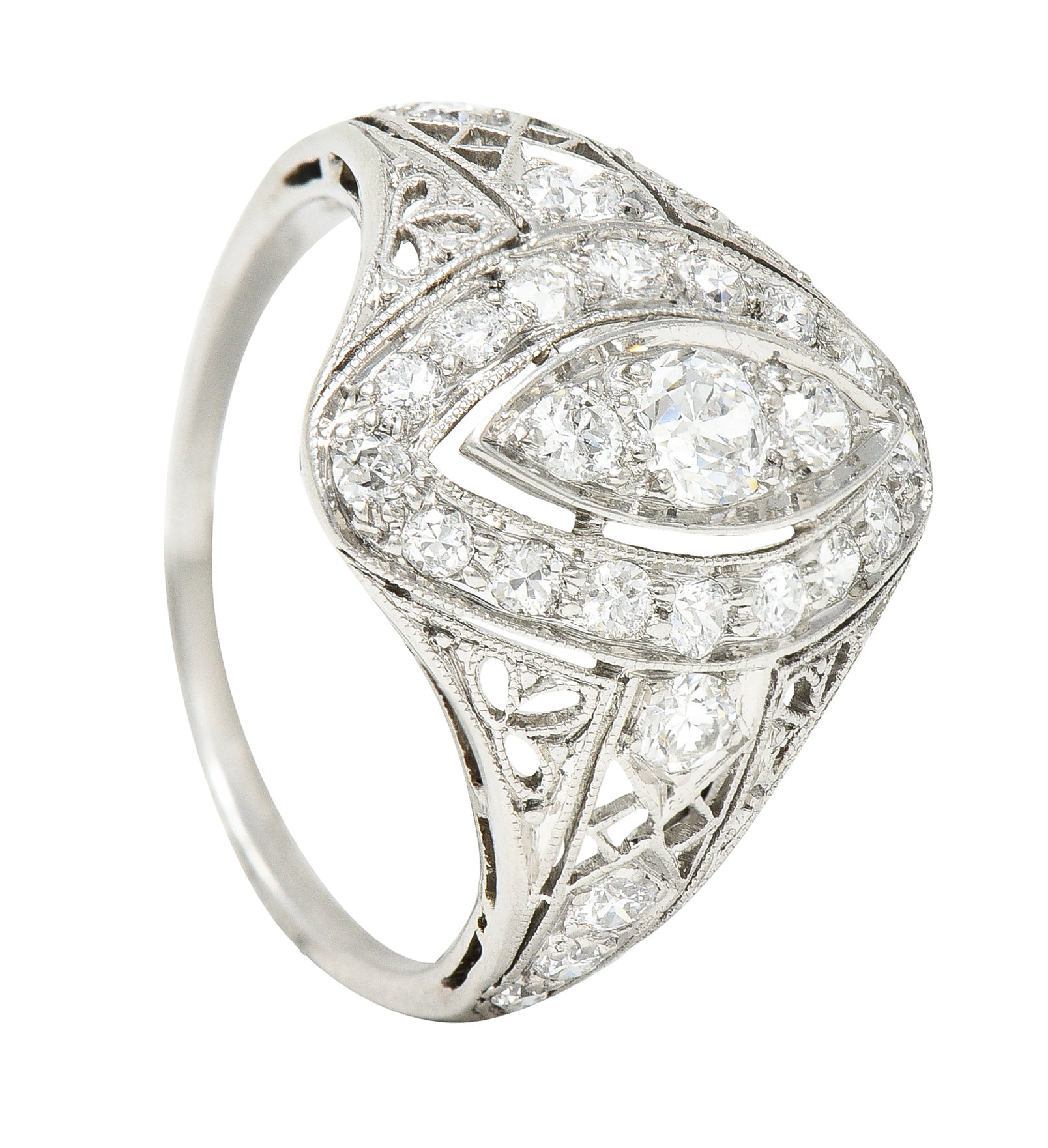 Art Deco 0.72 CTW Old European Cut Diamond Platinum Foliate Filigree Navette Dinner Ring Wilson's Estate Jewelry