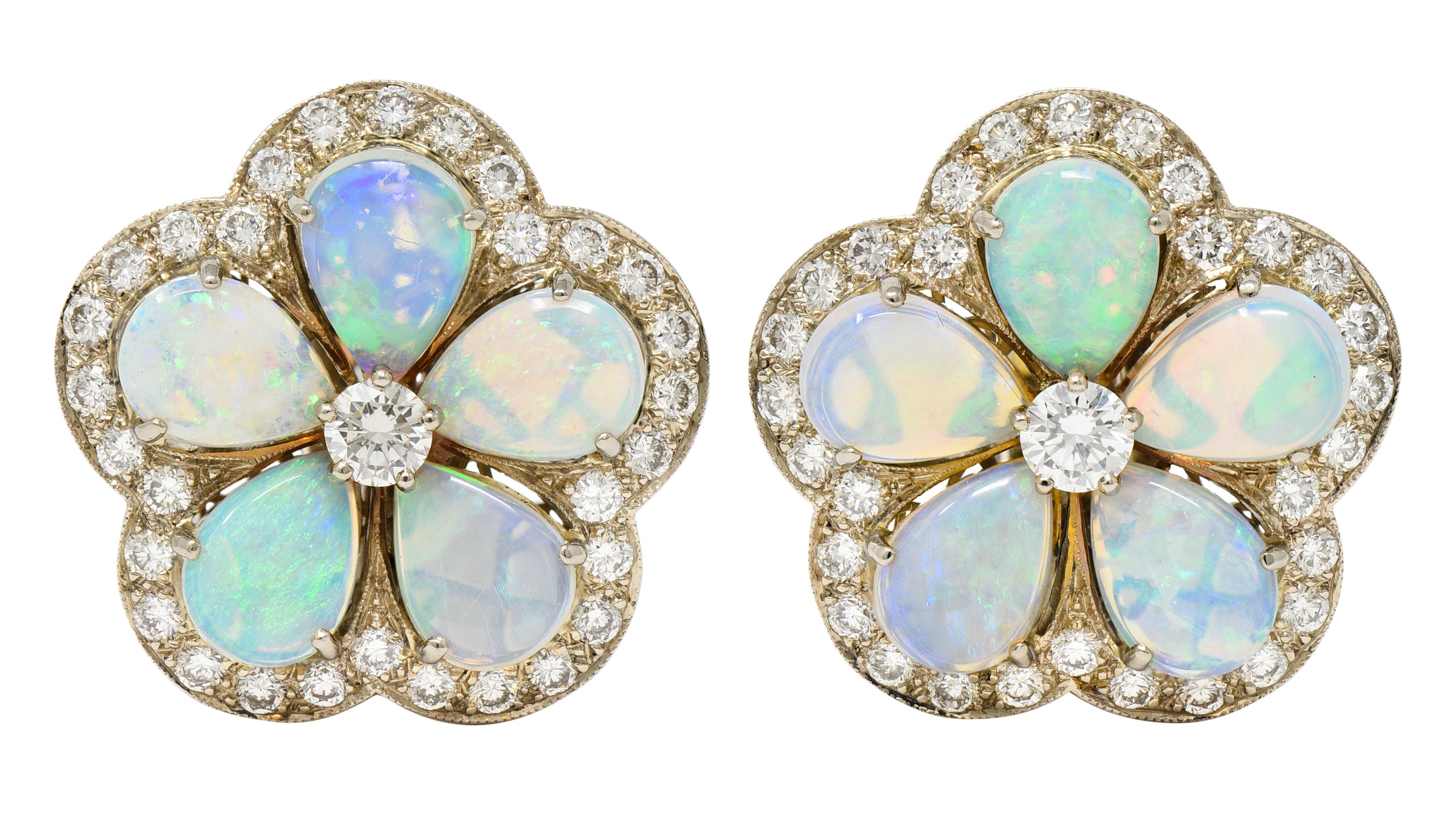 Vintage Diamond Opal 18 Karat White Gold Flower Cluster Earrings Wilson's Estate Jewelry