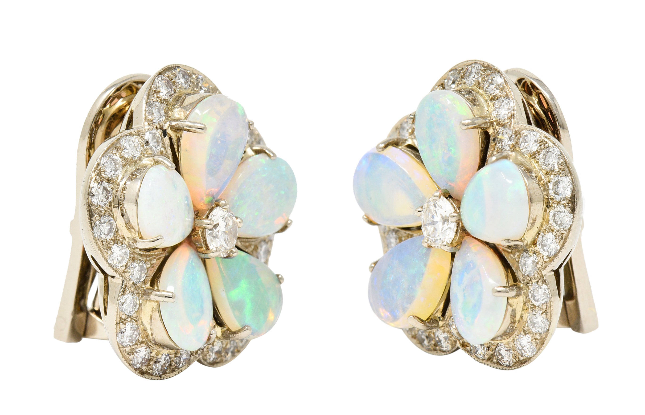 Vintage Diamond Opal 18 Karat White Gold Flower Cluster Earrings Wilson's Estate Jewelry