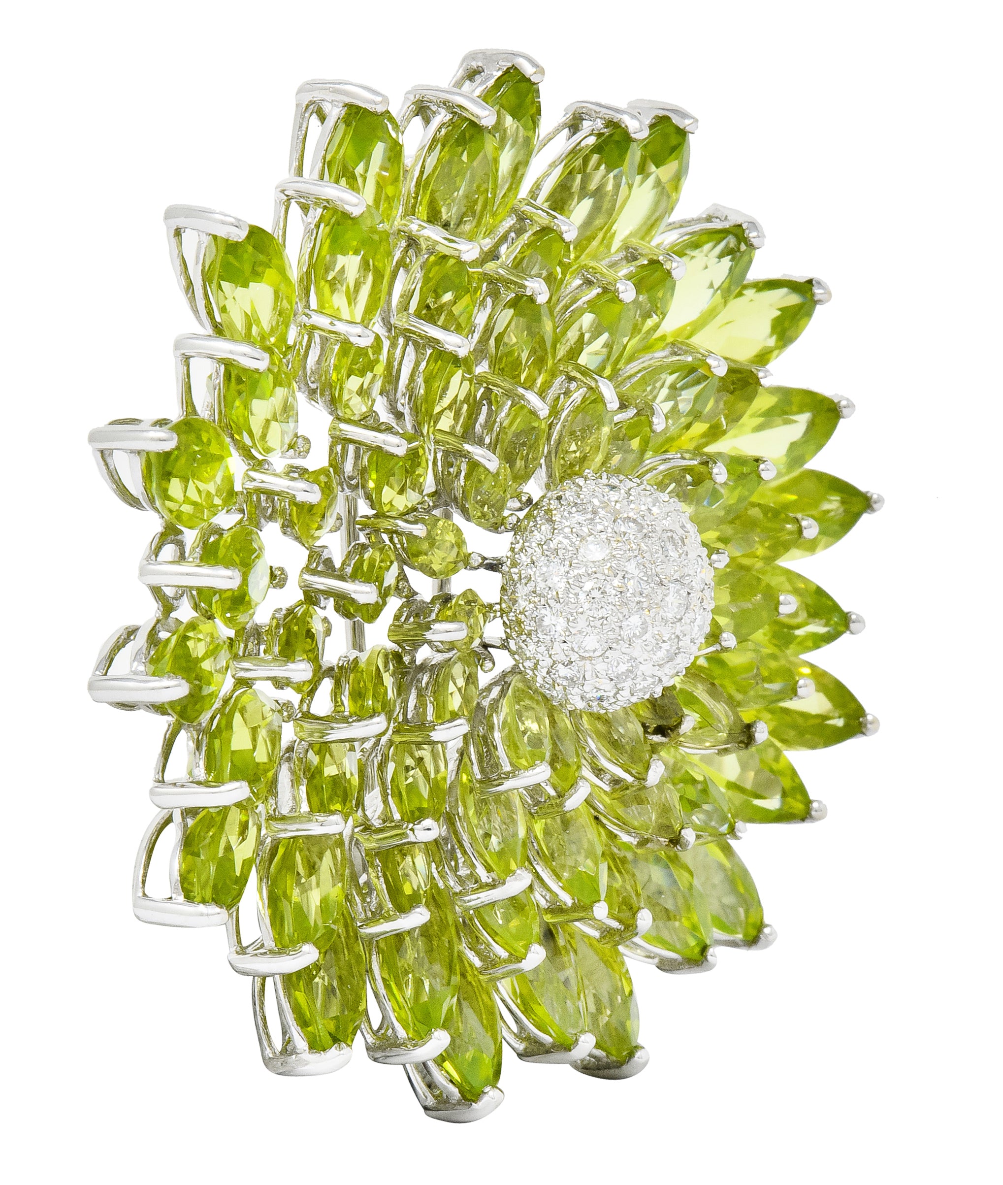 Contemporary Diamond Peridot 18 Karat White Gold Radiating Floral Brooch - Wilson's Estate Jewelry