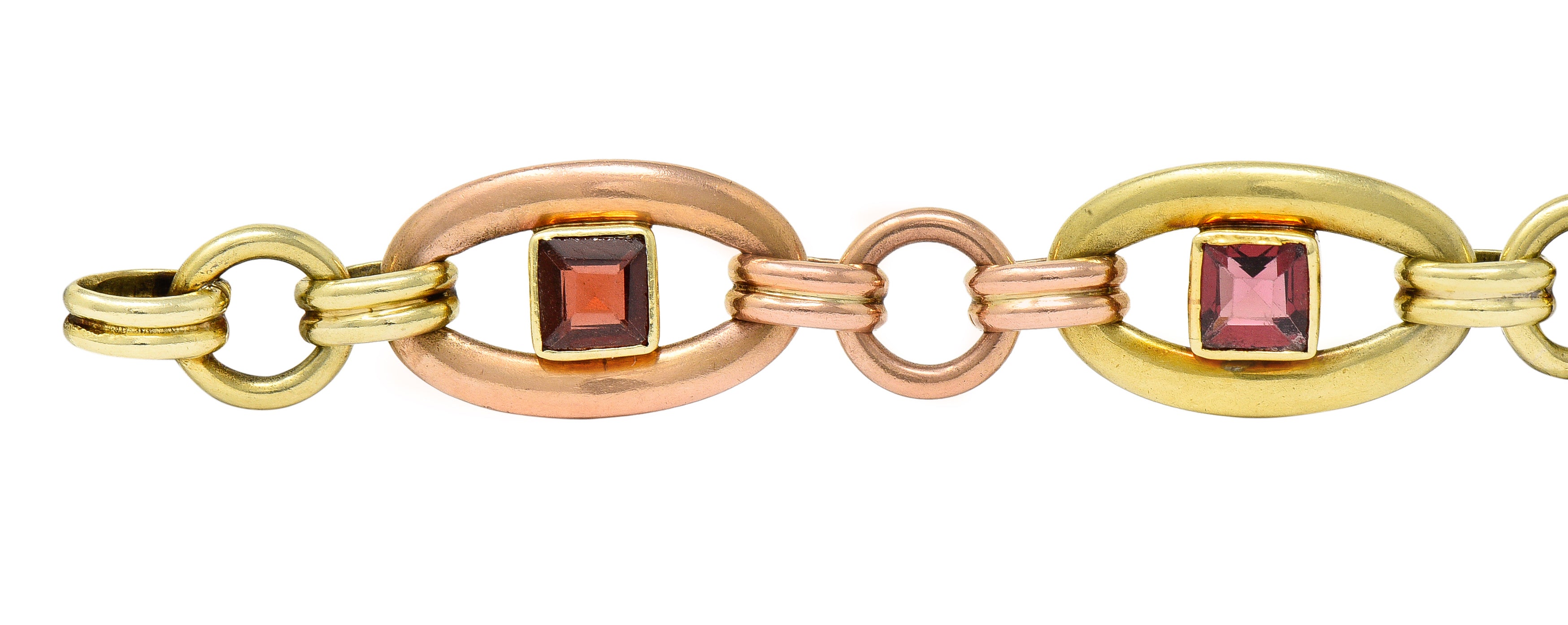 1940's Retro Garnet 14 Karat Two-Tone Gold Gemstone Link Bracelet Wilson's Estate Jewelry