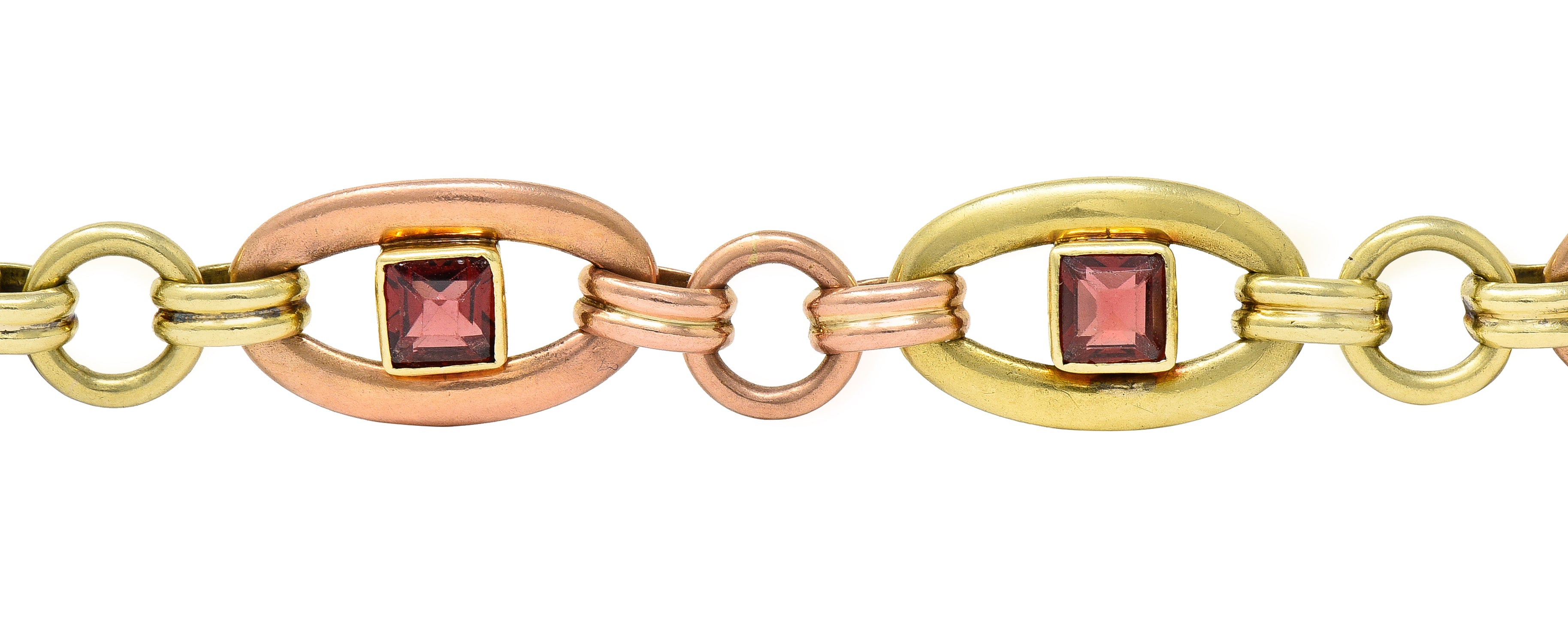 1940's Retro Garnet 14 Karat Two-Tone Gold Gemstone Link Bracelet Wilson's Estate Jewelry