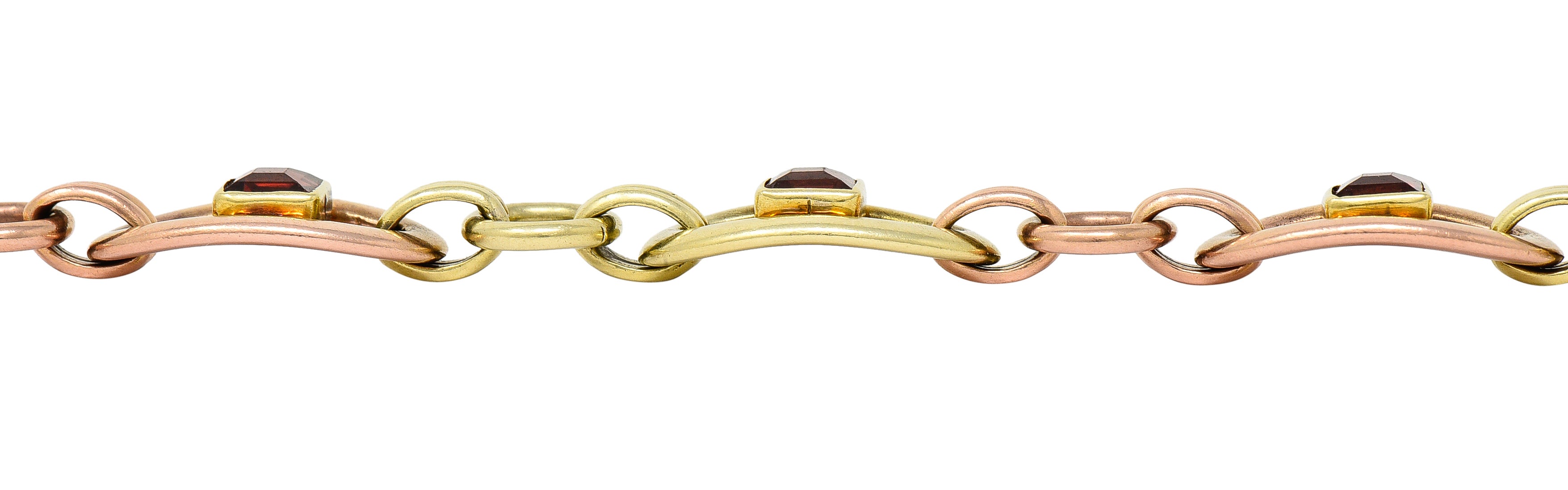 1940's Retro Garnet 14 Karat Two-Tone Gold Gemstone Link Bracelet Wilson's Estate Jewelry