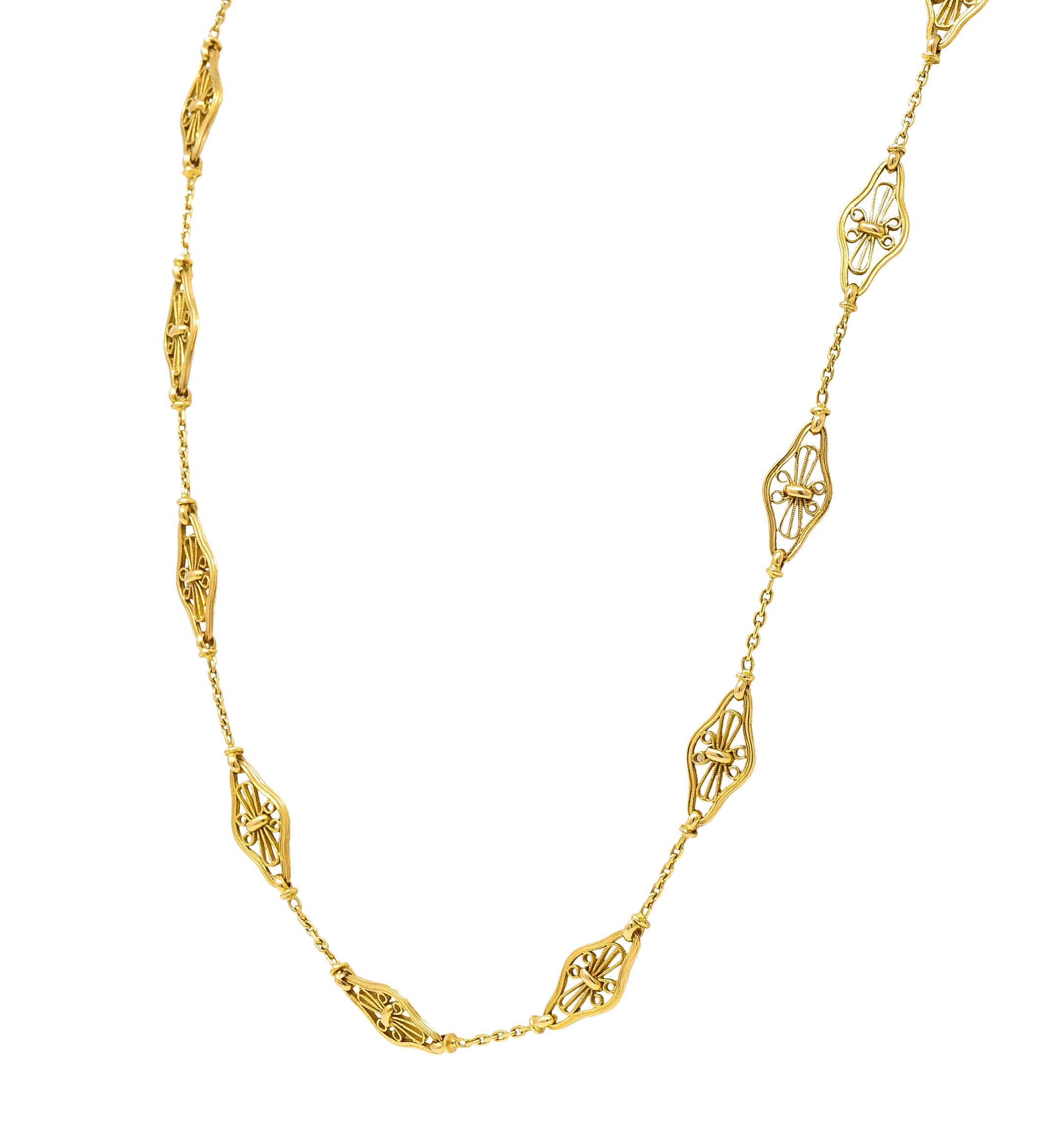 French Victorian 18 Karat Yellow Gold Filigree Navette 30 1/2 Inch Long Antique Chain Necklace Wilson's Estate Jewelry