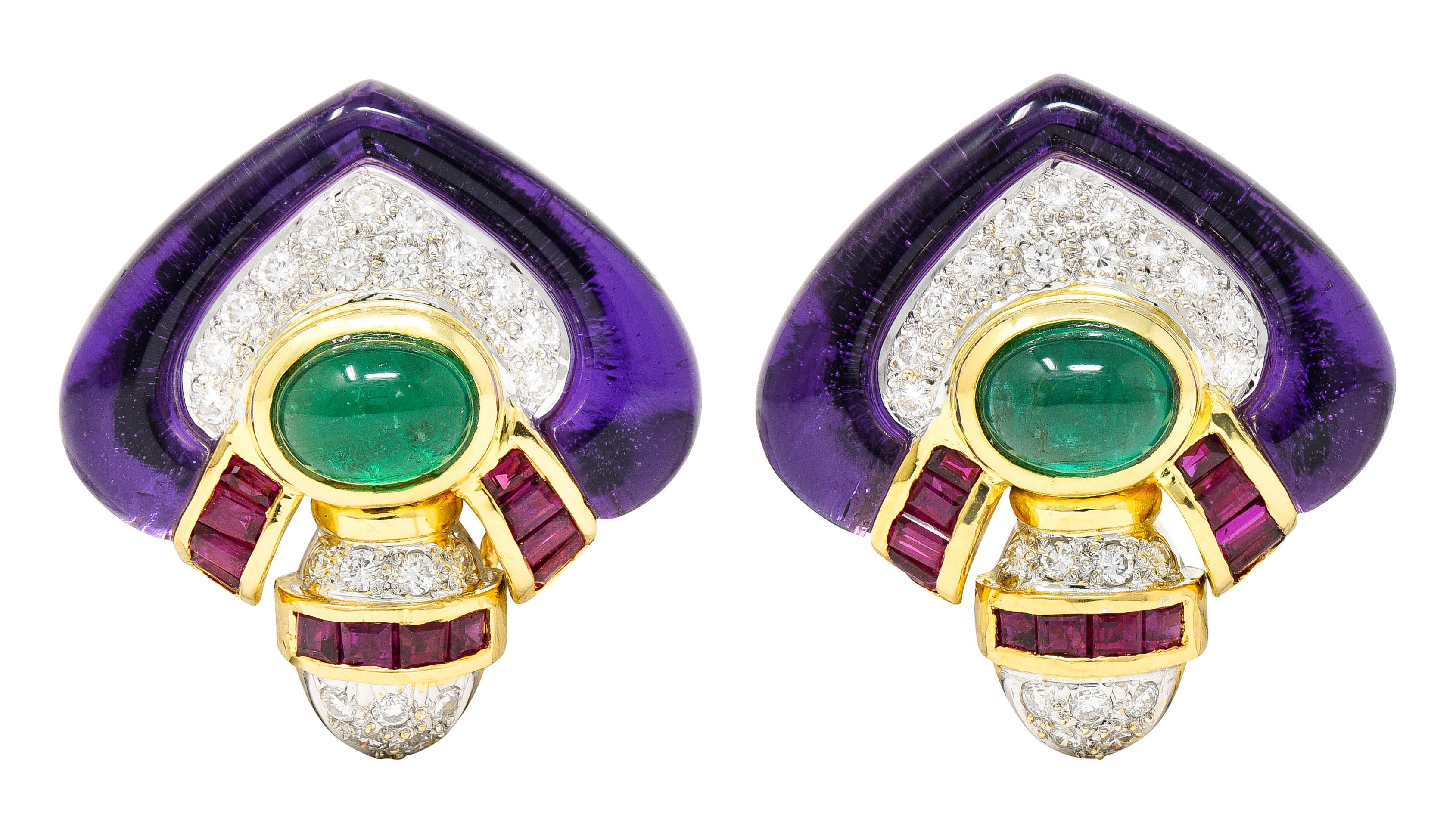 1990's Vintage Emerald Diamond Ruby 18 Karat Two-Tone Gold Chestnut EarringsEarrings - Wilson's Estate Jewelry