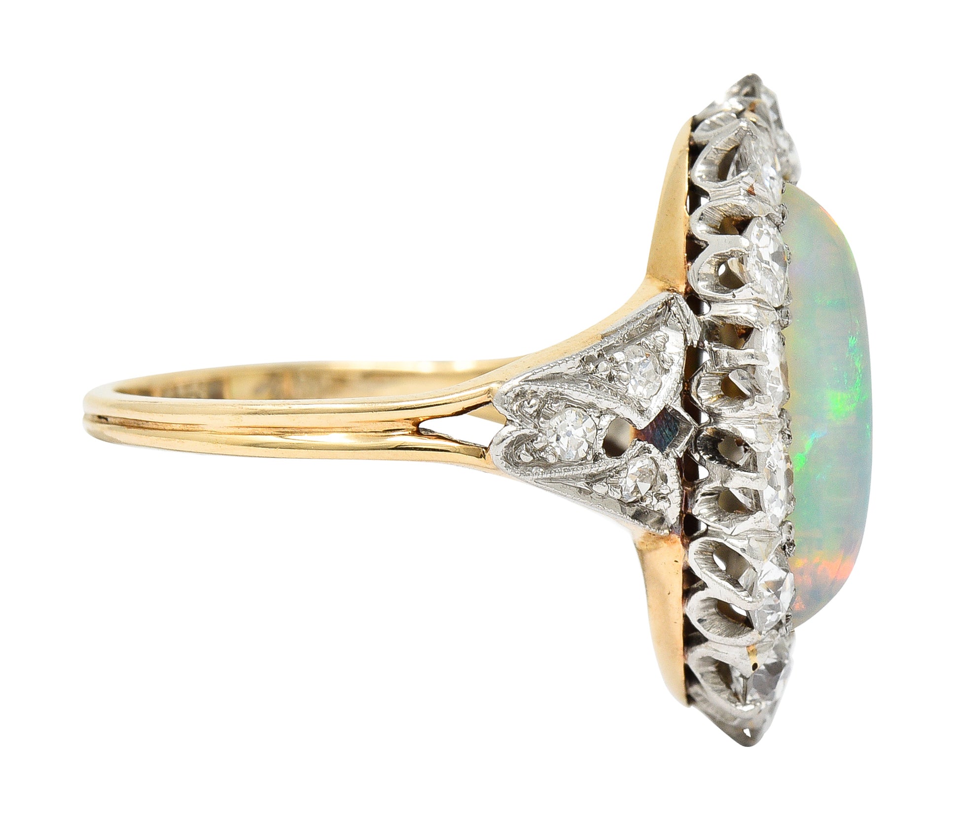 Edwardian Jelly Opal Diamond Platinum-Topped 14 Karat Gold Cluster Ring Wilson's Estate Jewelry