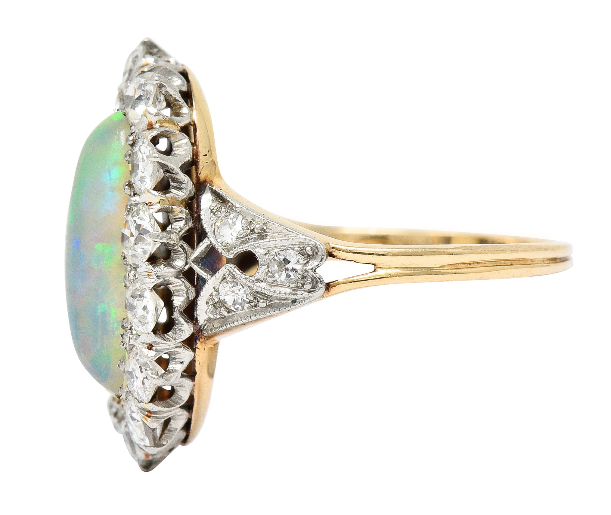 Edwardian Jelly Opal Diamond Platinum-Topped 14 Karat Gold Cluster Ring Wilson's Estate Jewelry