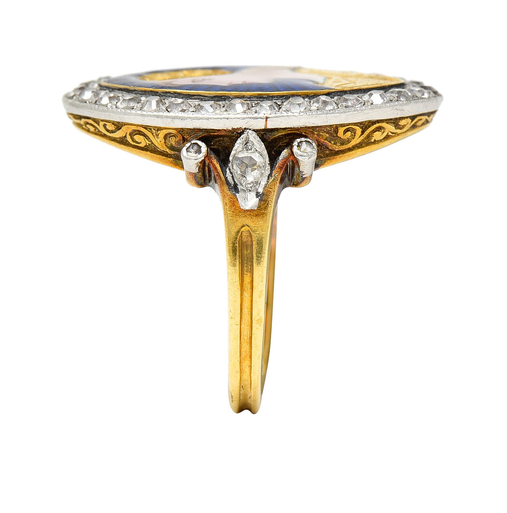 1890's Victorian Guilloche Enamel Diamond Platinum-Topped 18 Karat Gold Portrait RingRing - Wilson's Estate Jewelry