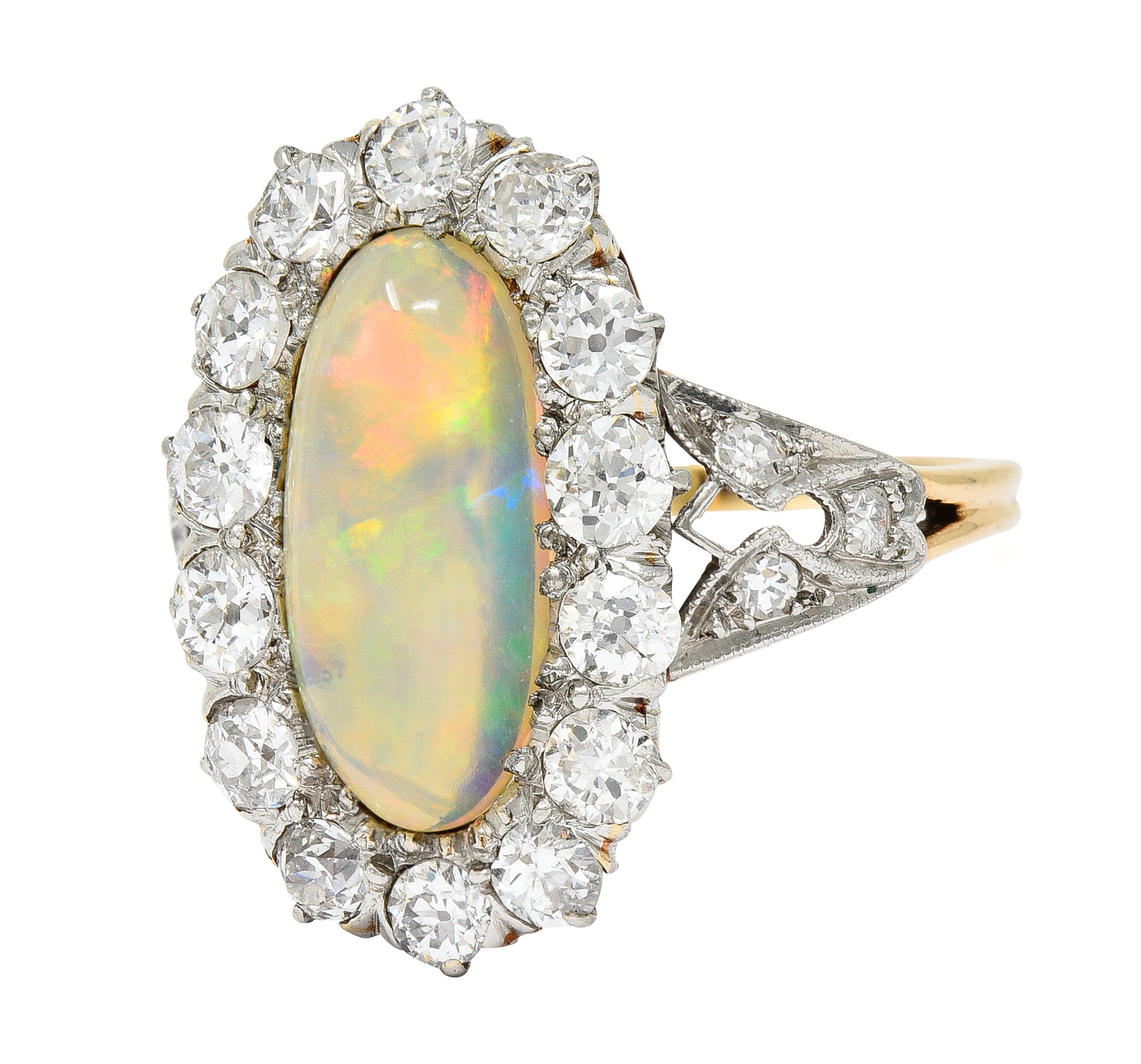 Edwardian Jelly Opal Diamond Platinum-Topped 14 Karat Gold Cluster Ring Wilson's Estate Jewelry