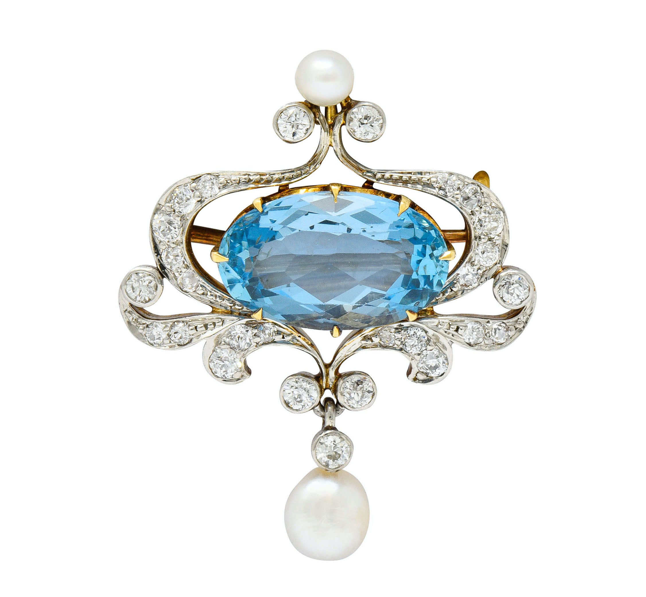 Edwardian 5.45 CTW Aquamarine Diamond Pearl Platinum-Topped 18 Karat Gold BroochBrooch - Wilson's Estate Jewelry