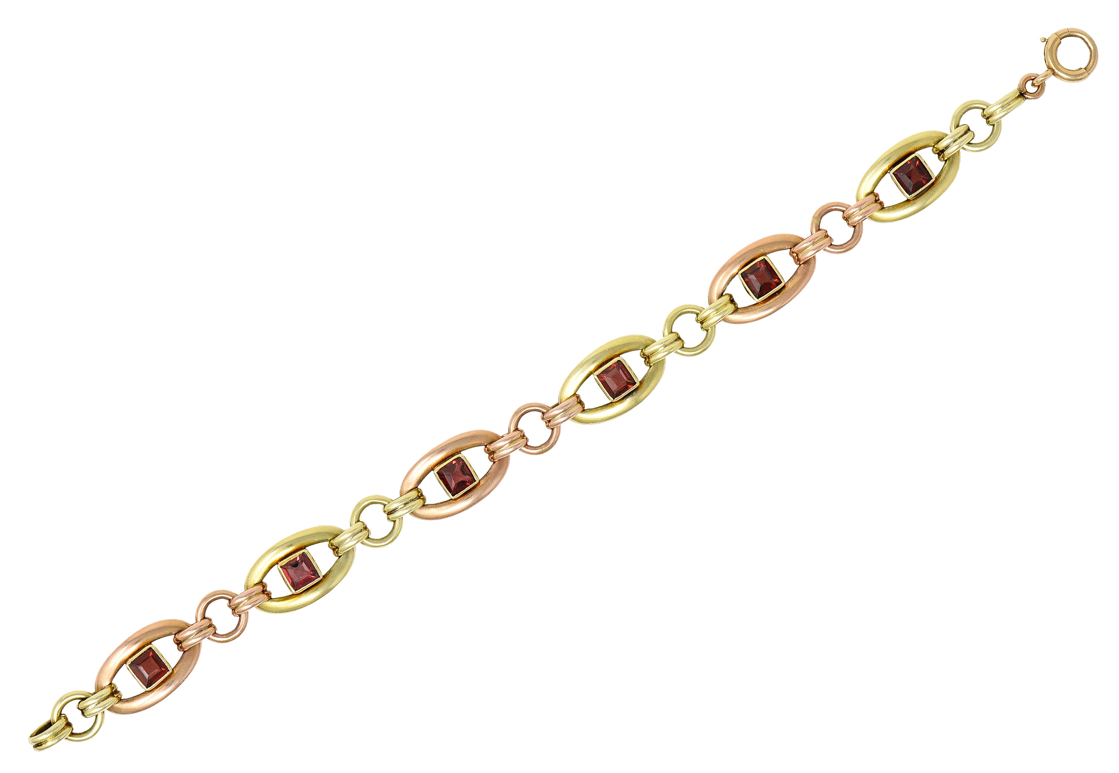 1940's Retro Garnet 14 Karat Two-Tone Gold Gemstone Link Bracelet Wilson's Estate Jewelry